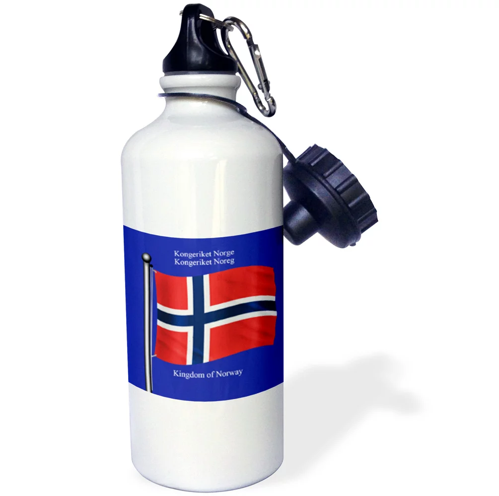 The flag of Norway on a blue background with the Kingdom of Norway in English and Norwegian 21 oz Sports Water Bottle wb-63190-1