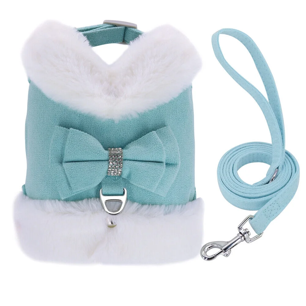 Warm Fleece Mesh Padded Vest Cute Bow Tie Dog Cat Harness and Leash Winter Coat