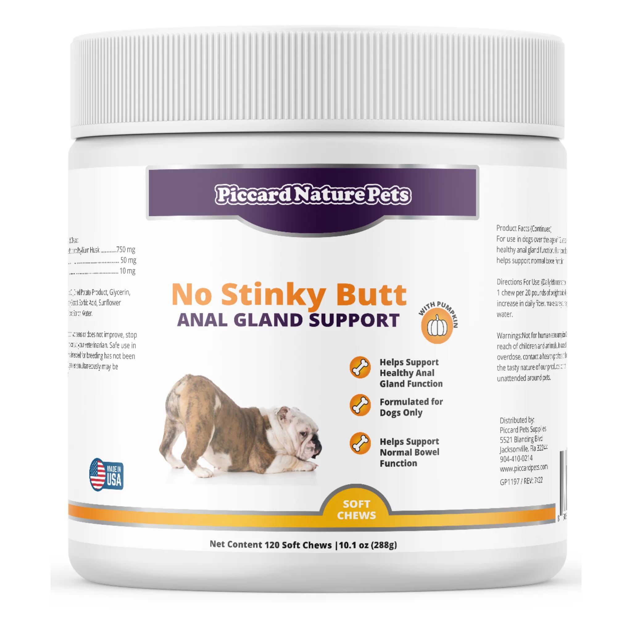 Piccardnaturepets No Stinky Butt Anal Gland Support for Dogs 120ct Soft Chews