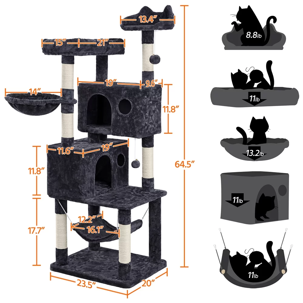 Topeakmart 64.5in Multi-level Large Cat Tree Condo Tower with Hammock Scratching Posts & Hammock, Black