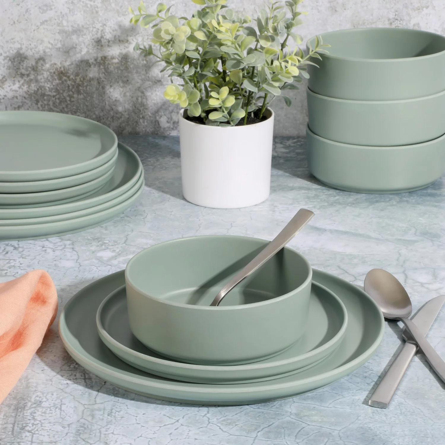 Gibson Home Crest 12 Piece Stackable Matte Melamine Dinnerware Set - Sage Green