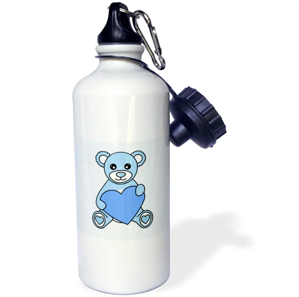 3dRose Valentines Day Cute Blue Teddy Bear Holding Heart, Sports Water Bottle, 21oz