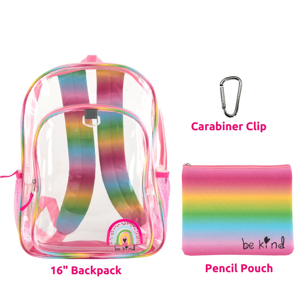 CLUB LIBBY LU Girls Clear Backpack Rainbow Clear Book Bag with Pencil Pouch School and Safety Compliant 16 inch