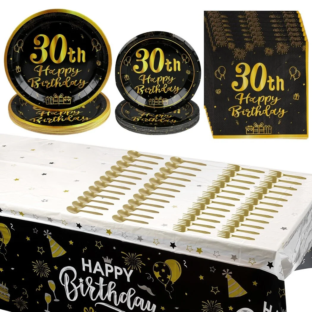 24 Guests Complete 30th Birthday Party Tableware Set, Vintage Style Disposable Plates, Cutlery, Napkins, Supplies Bundle with Decorative 9-Inch & 7-Inch Plates, Spoons, Forks, Tablecloth