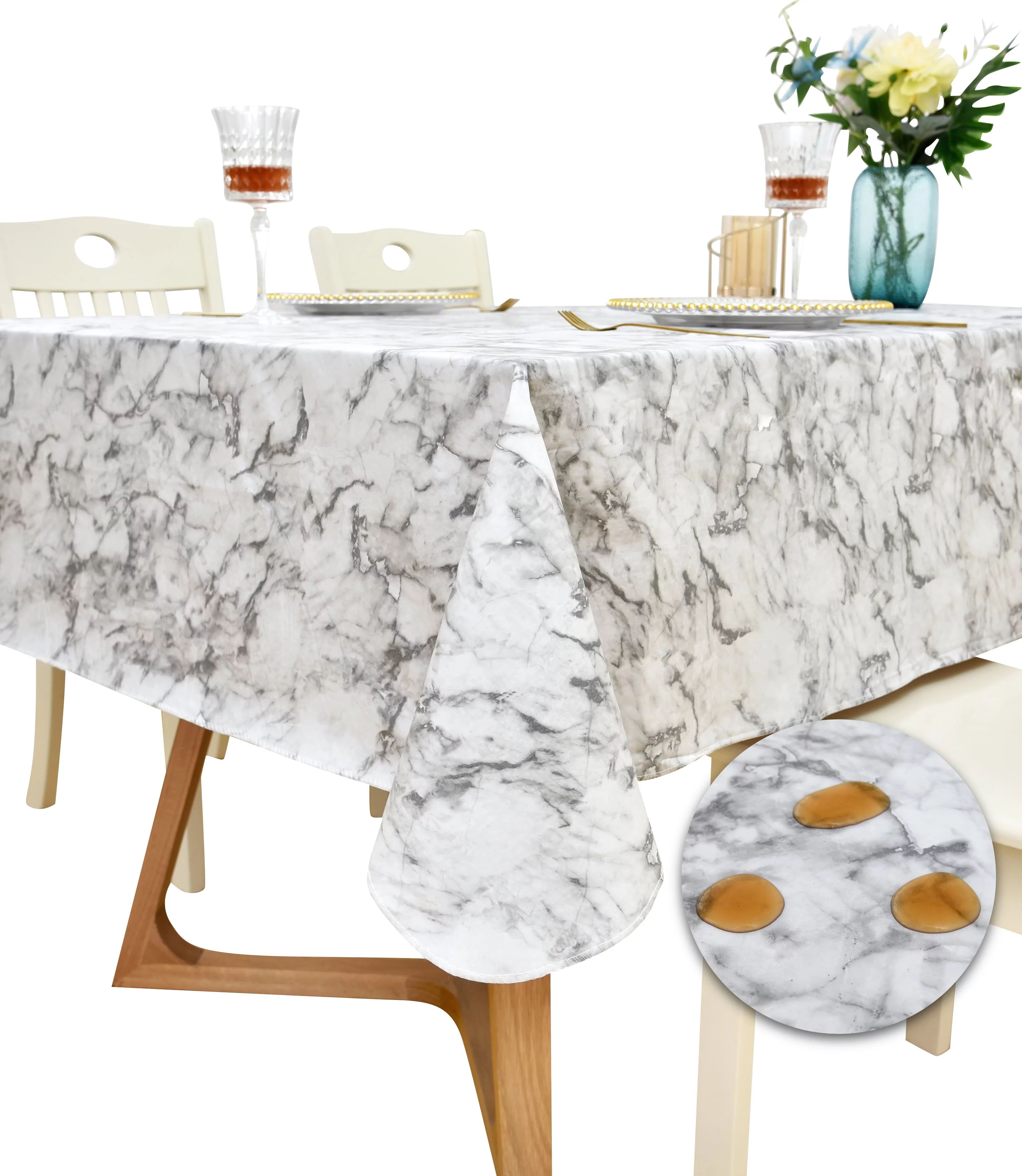 Rally Home Goods Indoor Outdoor Patio Premium Vinyl Rectangular Tablecloth, Flannel Backing, Spill Proof Wipeable Cover, Luxurious White Marble Pattern, for Tables up to 60 x 102 Inch