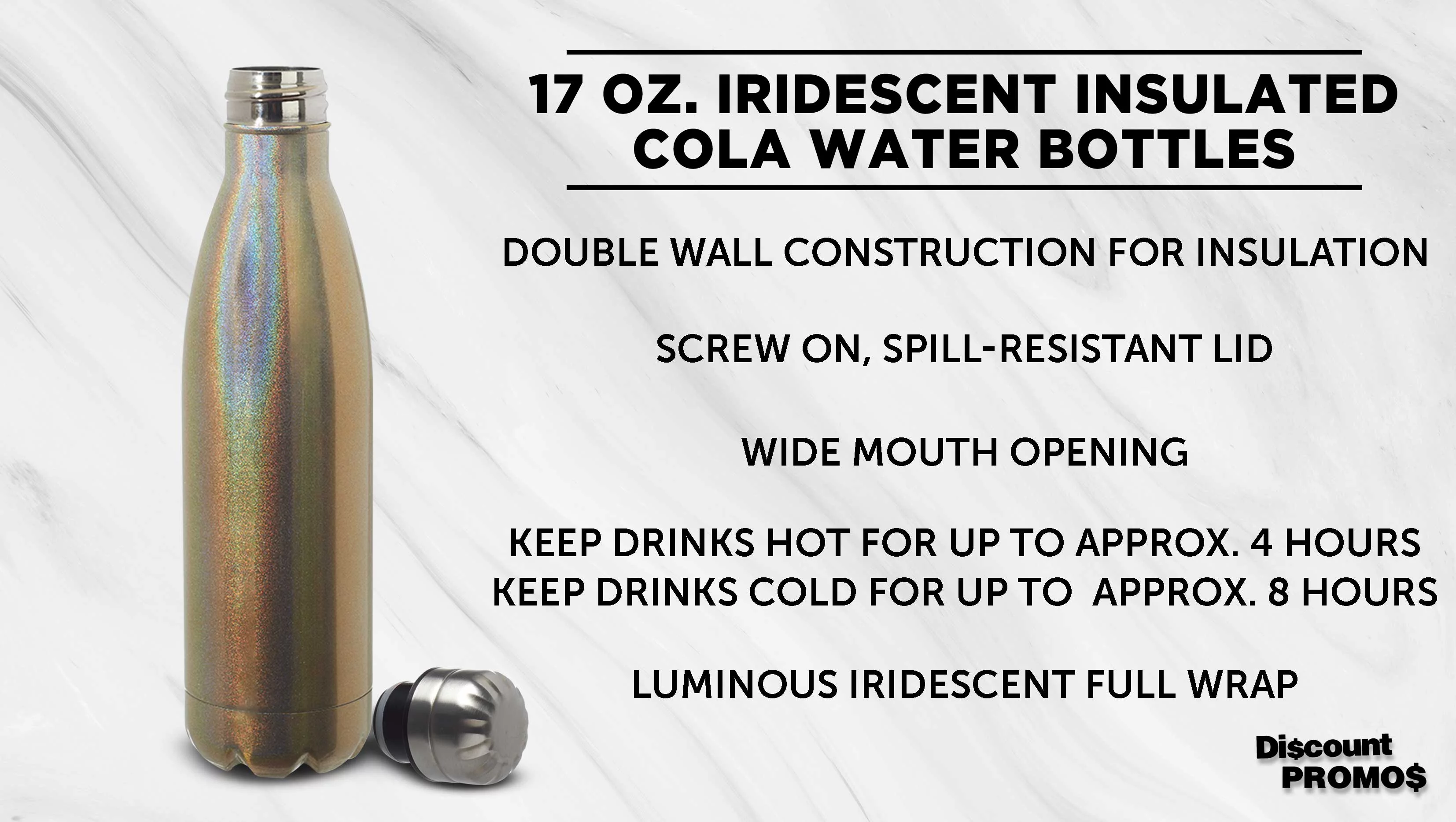 6 Iridescent Insulated Water Bottles Set, 17 oz. - Spill Proof, Double Wall, BPA Free - Gold