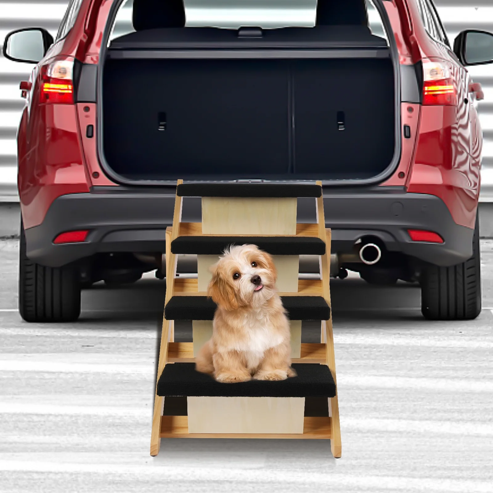 Oukaning Pet Stairs 2-in-1 Dog Ramp Cat Dog Stairs Foldable Pine Wood Natural + Black