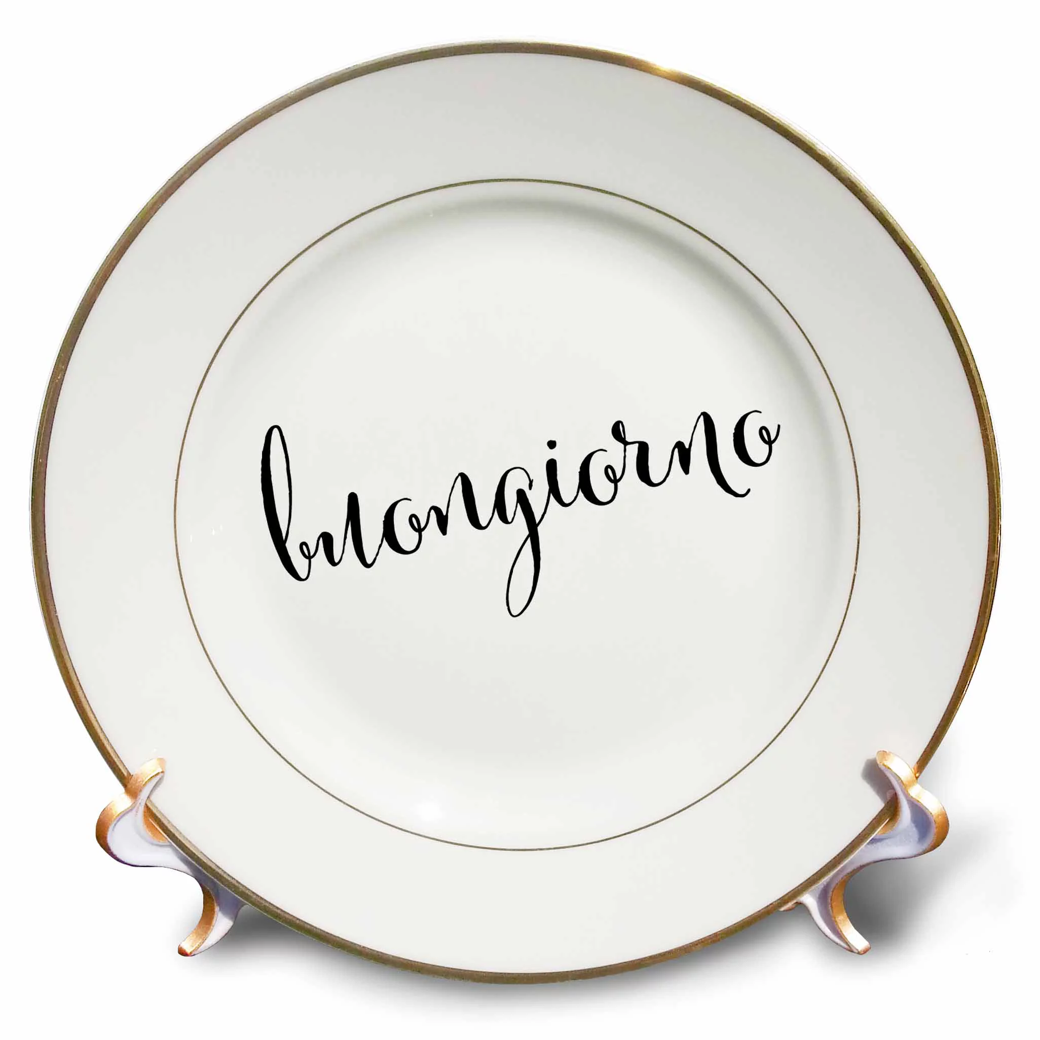 3dRose good morning in italian buongiorno in black and white script - Porcelain Plate, 8-inch