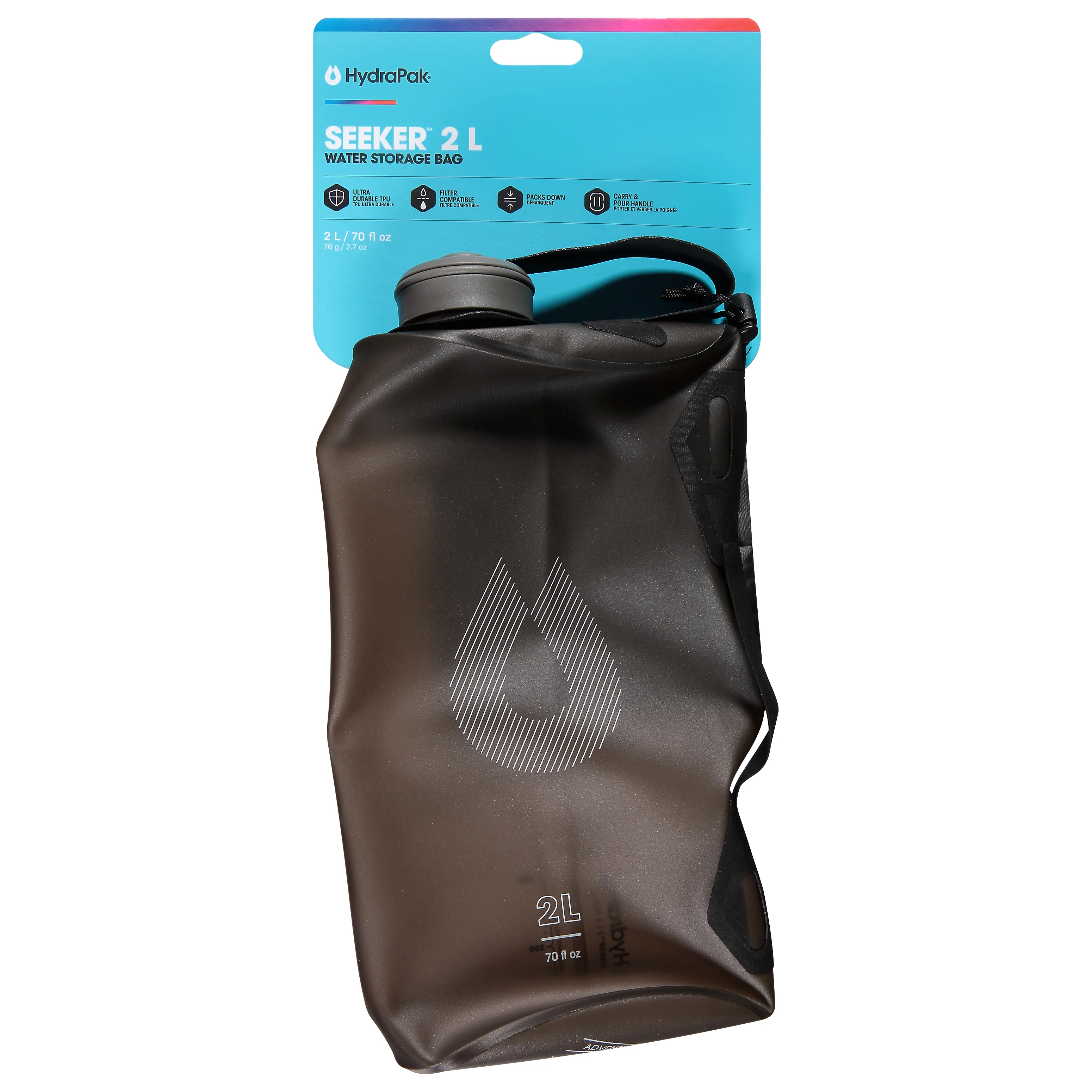HydraPak Seeker Water Bottle, Mammoth Grey, 2L/70 oz.,