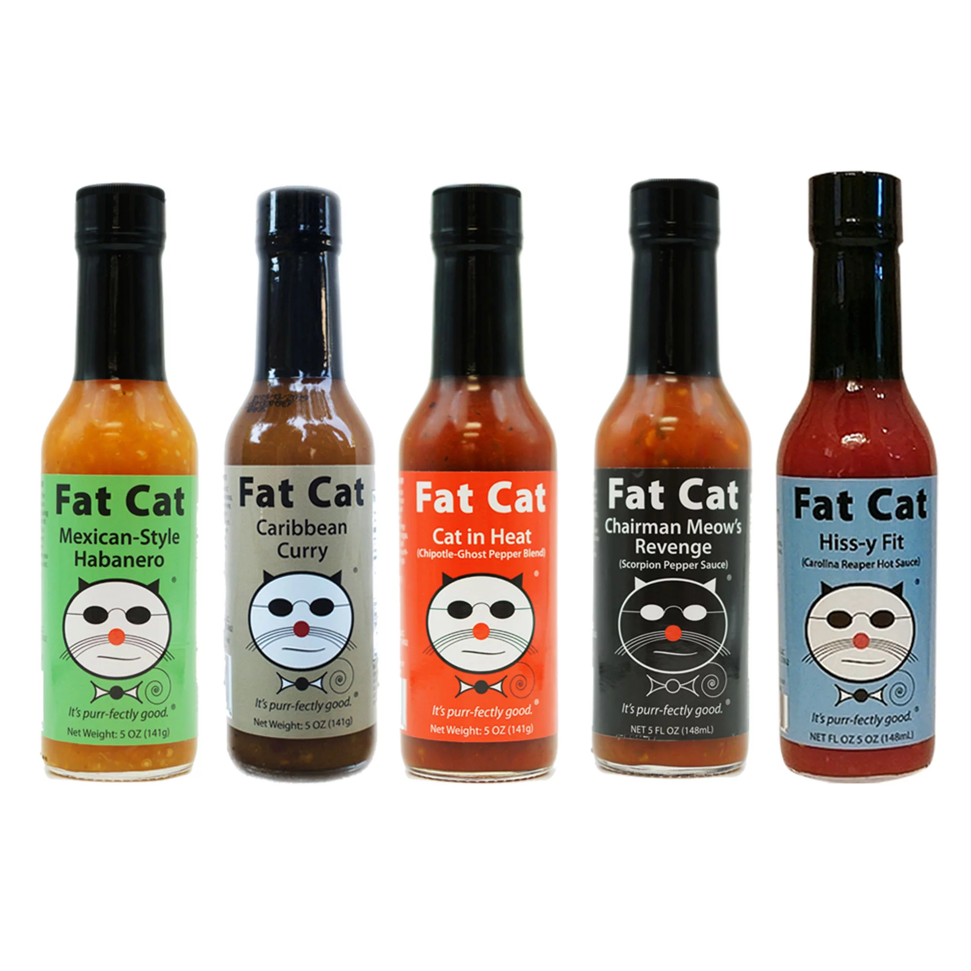 Heat Lovers Hot Sauce Gift Set and Sampler Variety Pack by Fat Cat Gourmet (5 Bottles)