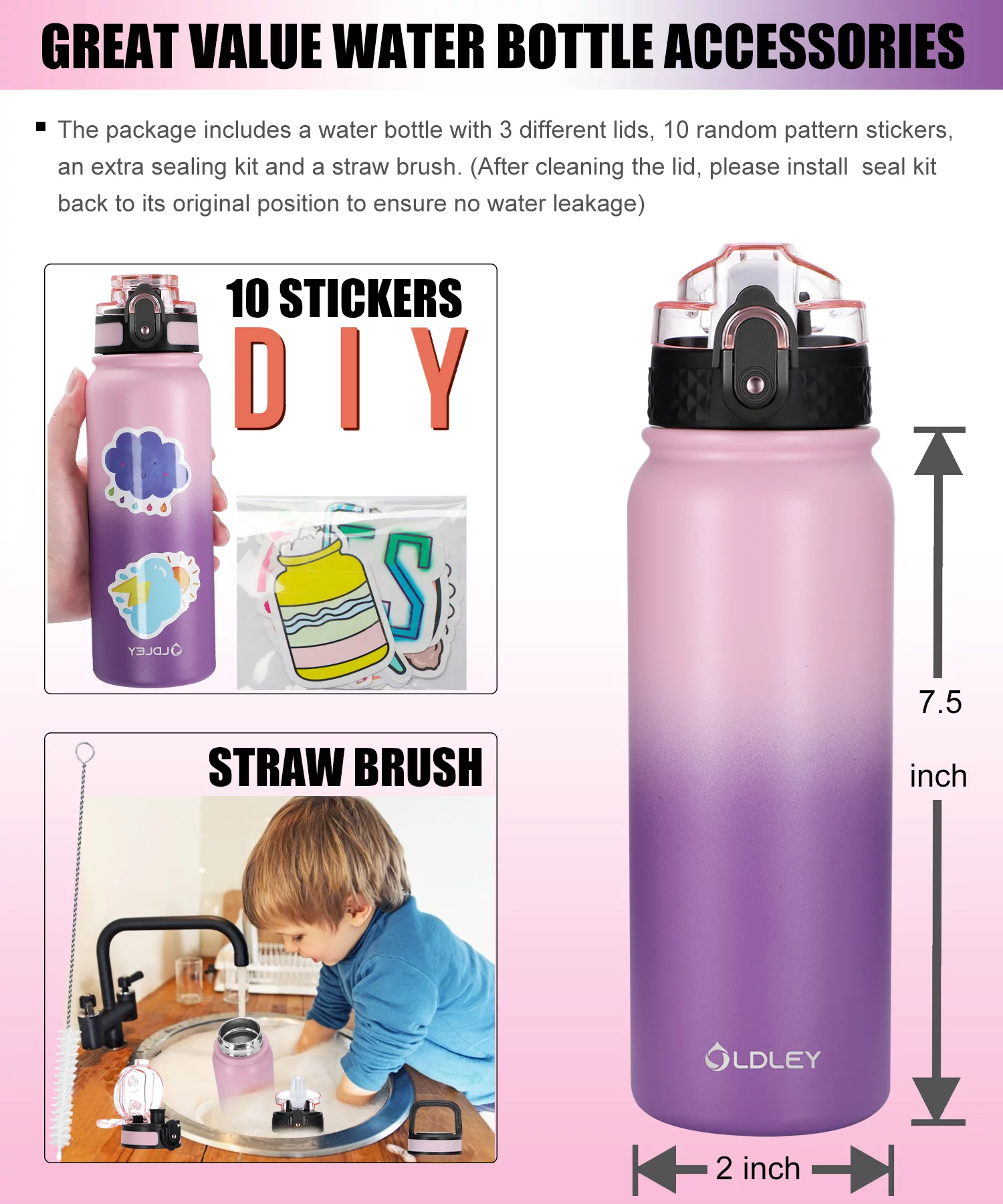 Oldley 20oz Water Bottle for Aldults and Kids  with 3 Lids and Strap Wide Mouth LeakProof for School Travel,Gift,Pink Purple
