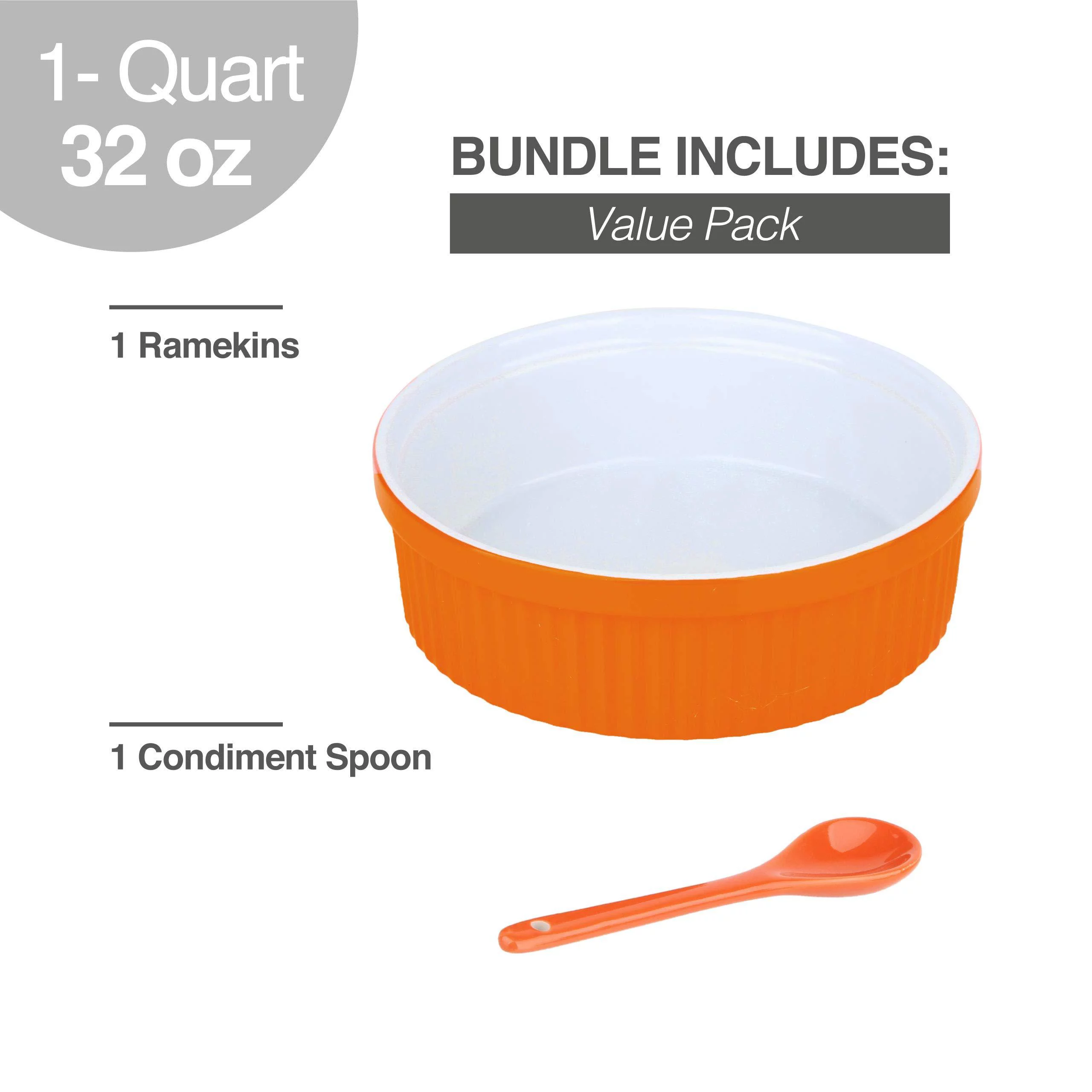 Souffle Dish Ramekins for Baking - 32 Oz, 1 Quart Large Ceramic Oven Safe Round Fluted Bowl with Mini Condiment Spoon for Souffle Pot Pie Casserole Pasta Roasted Vegetables Baked Dessert