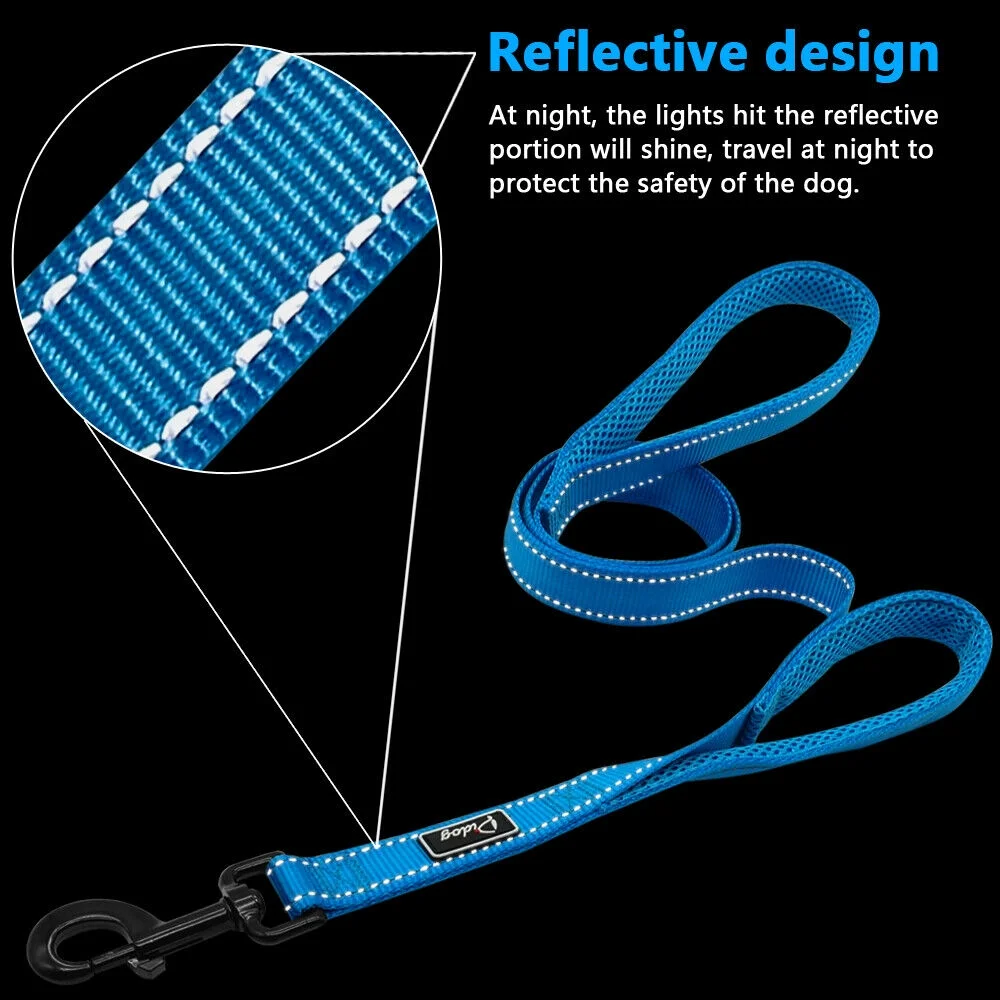 4ft Reflective Nylon Dog Leash with 2 Dual Handles Traffic Control Walking Leads