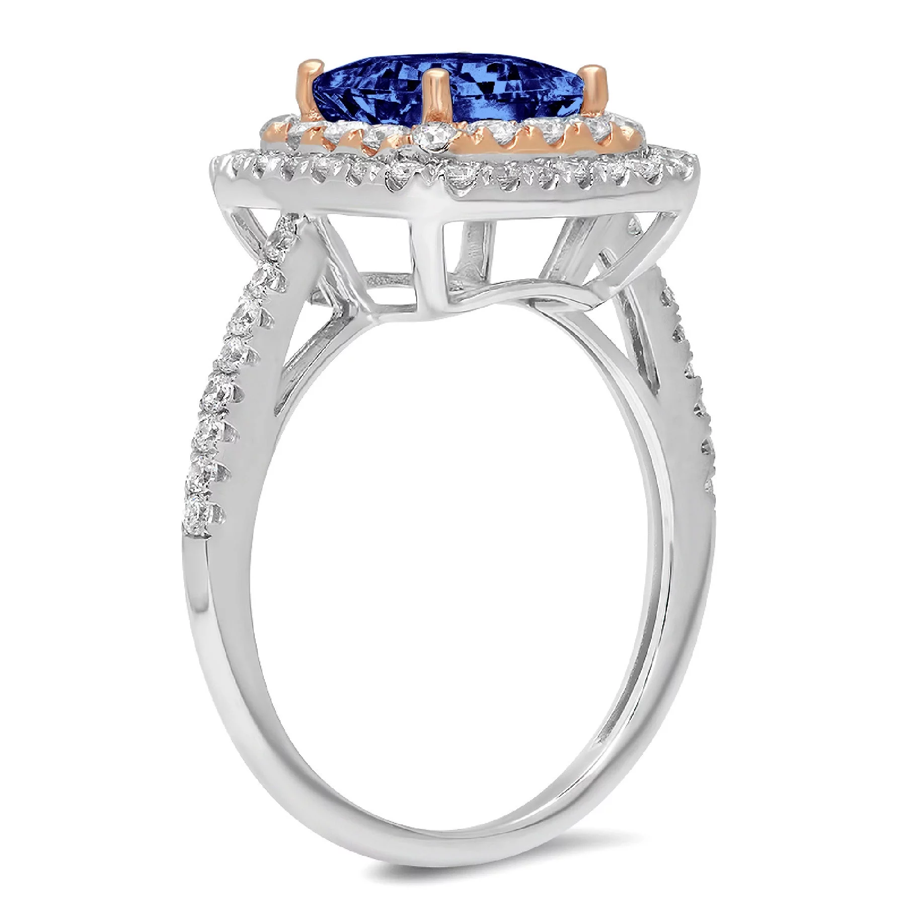 2.16ct princess cut blue simulated tanzanite 18k while rose gold anniversary engagement halo ring size 9.5