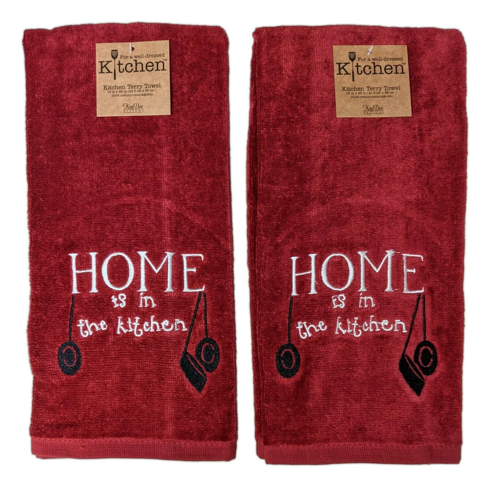 Set of 2 HOME IS IN THE KITCHEN Red Terry Kitchen Towels by Kay Dee Designs