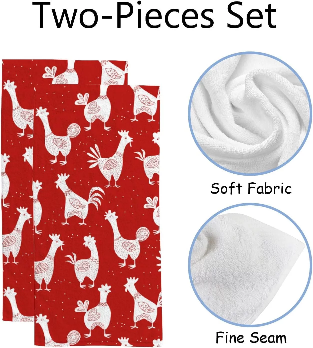 Dreamtimes Hand Towels for Bathroom, Kitchen Towels Decorative Set of 2, White Roosters On Red Absorbent Face Bath Towels 30