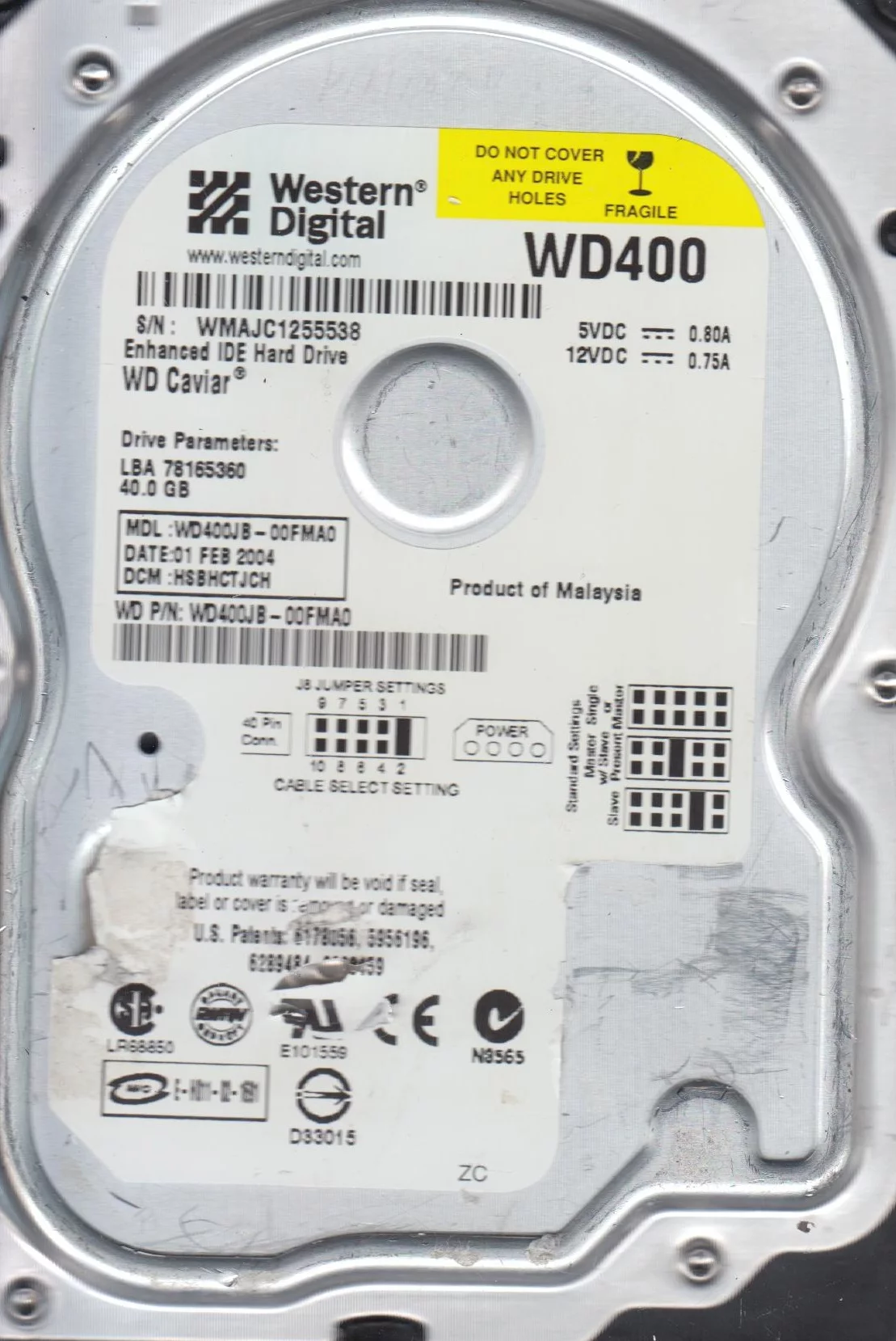 WD400JB-00FMA0, DCM HSBHCTJCH, Western Digital 40GB IDE 3.5 Hard Drive