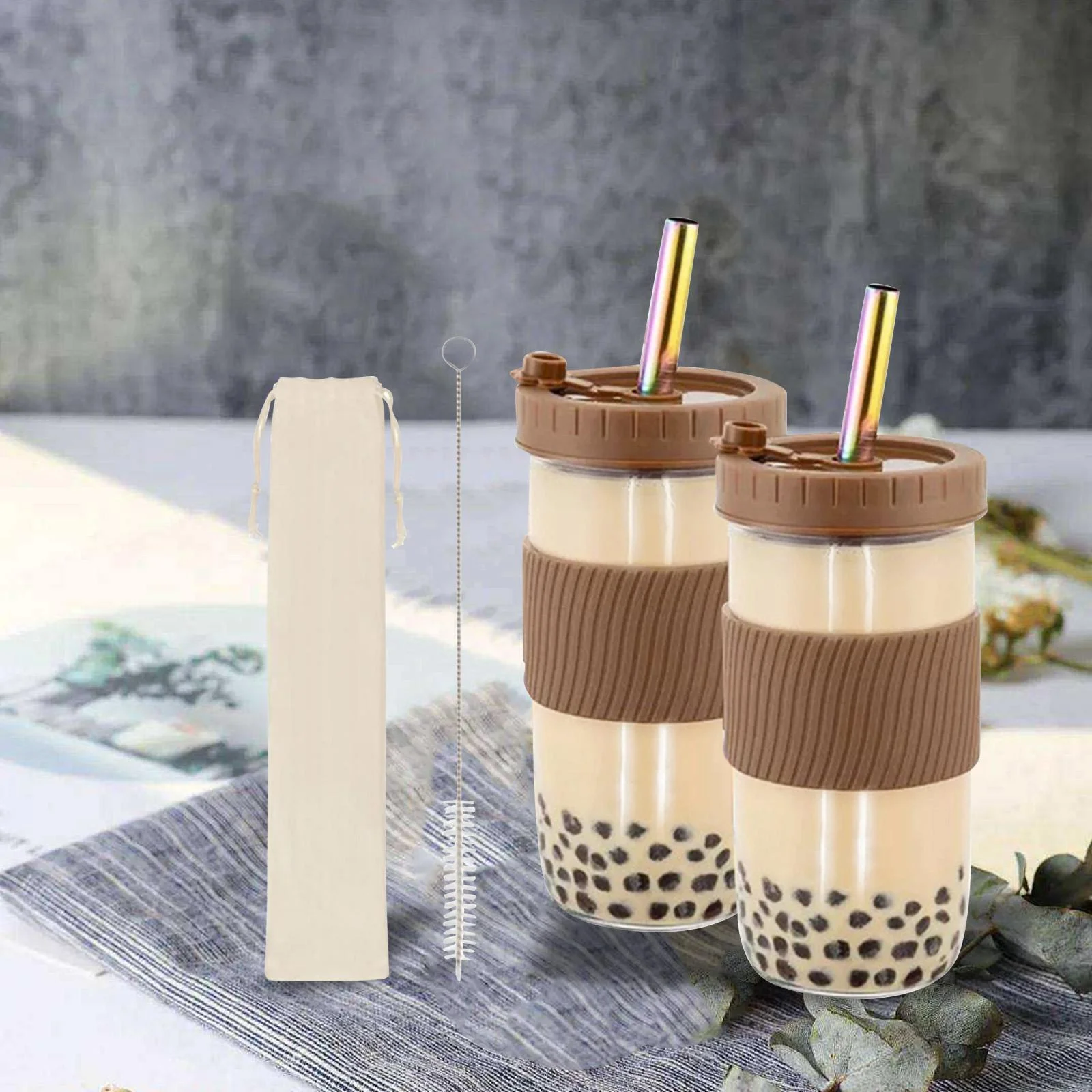 Reusable Water Cup Set Smoothie Mugs Large Capacity with Lid Drinking tube Wide Mouth 24oz Glass for Cold Iced Drink Office Travel Color