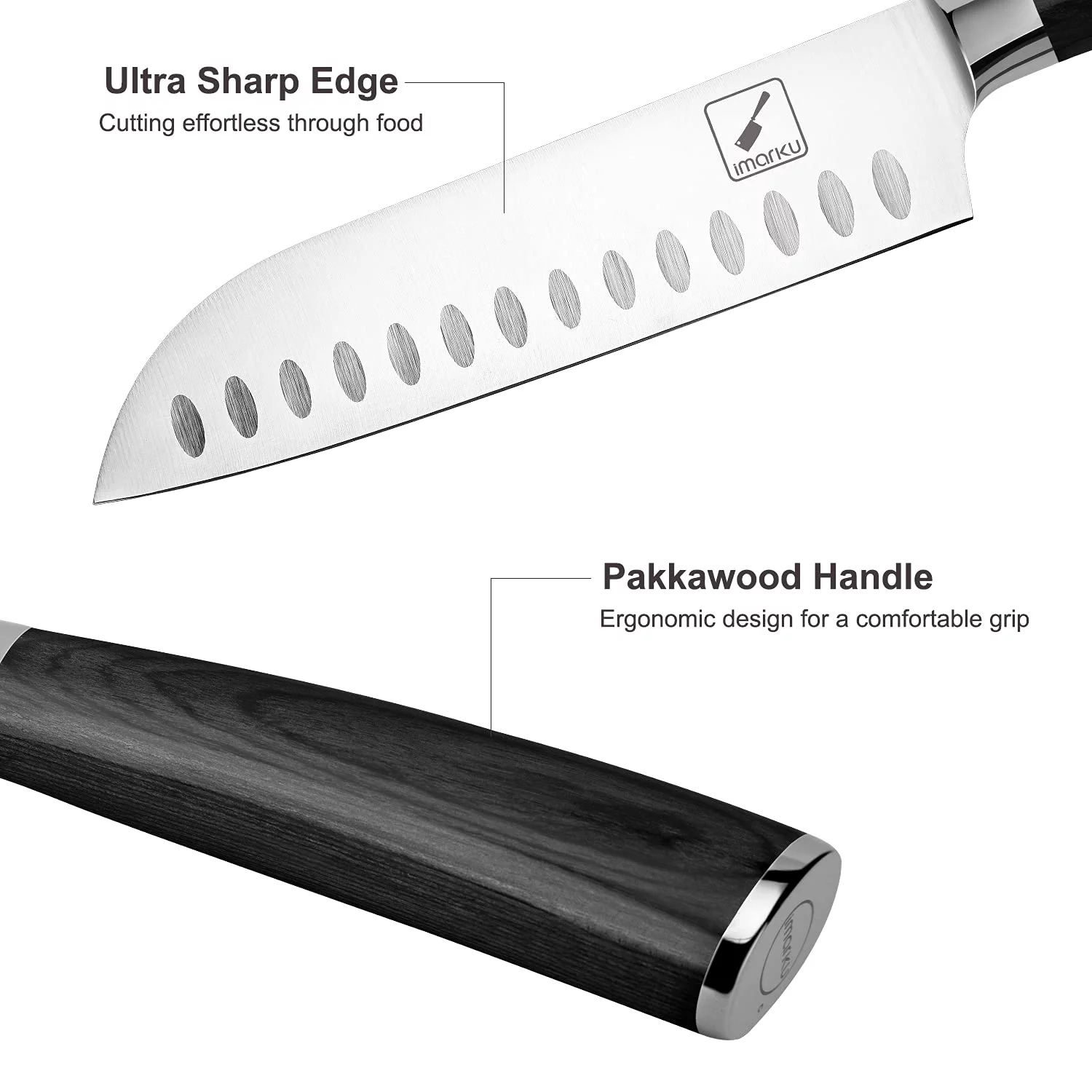 imarku | 7-inch Santoku Knife  Japanese Chef Knife German HC Stainless Steel 7Cr17Mov Ergonomic Pakkawood Handle Kitchen Knife - Black