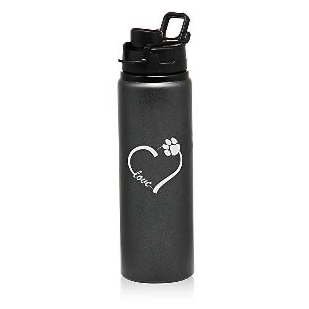 MIP Brand 25 oz Aluminum Sports Water Travel Bottle Love Heart Paw Animals (Charcoal)