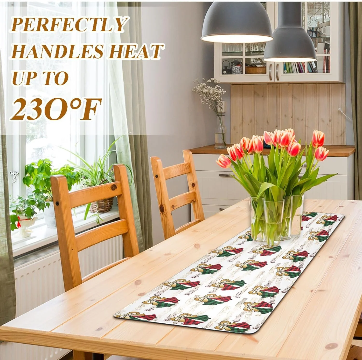 Long Trivet Heat Resistant Table Runner Christmas Jingle Bells Non Slip Table Protector Waterproof Easy to Clean Winter Buffalo Plaid Hot Pads Pot Holders Durability Versatility
