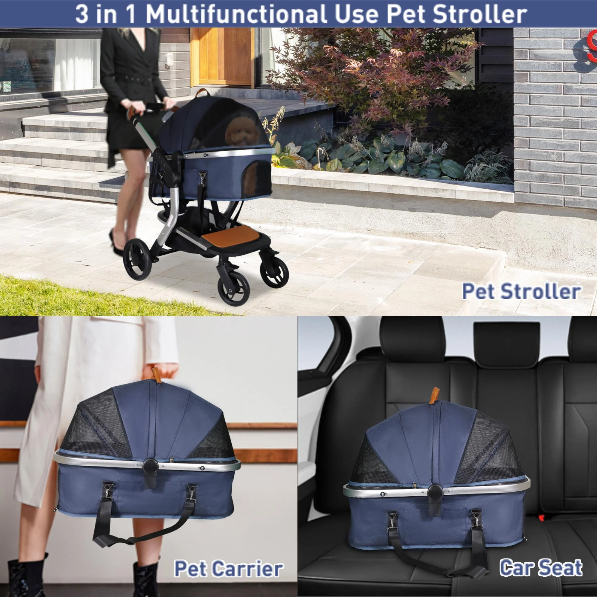 3-in-1 Pet Stroller with Pad, Dog Stroller with Cup Holder&Large Storage Basket, Foldable Pet Stroller for Dogs&Cats, Dark Blue