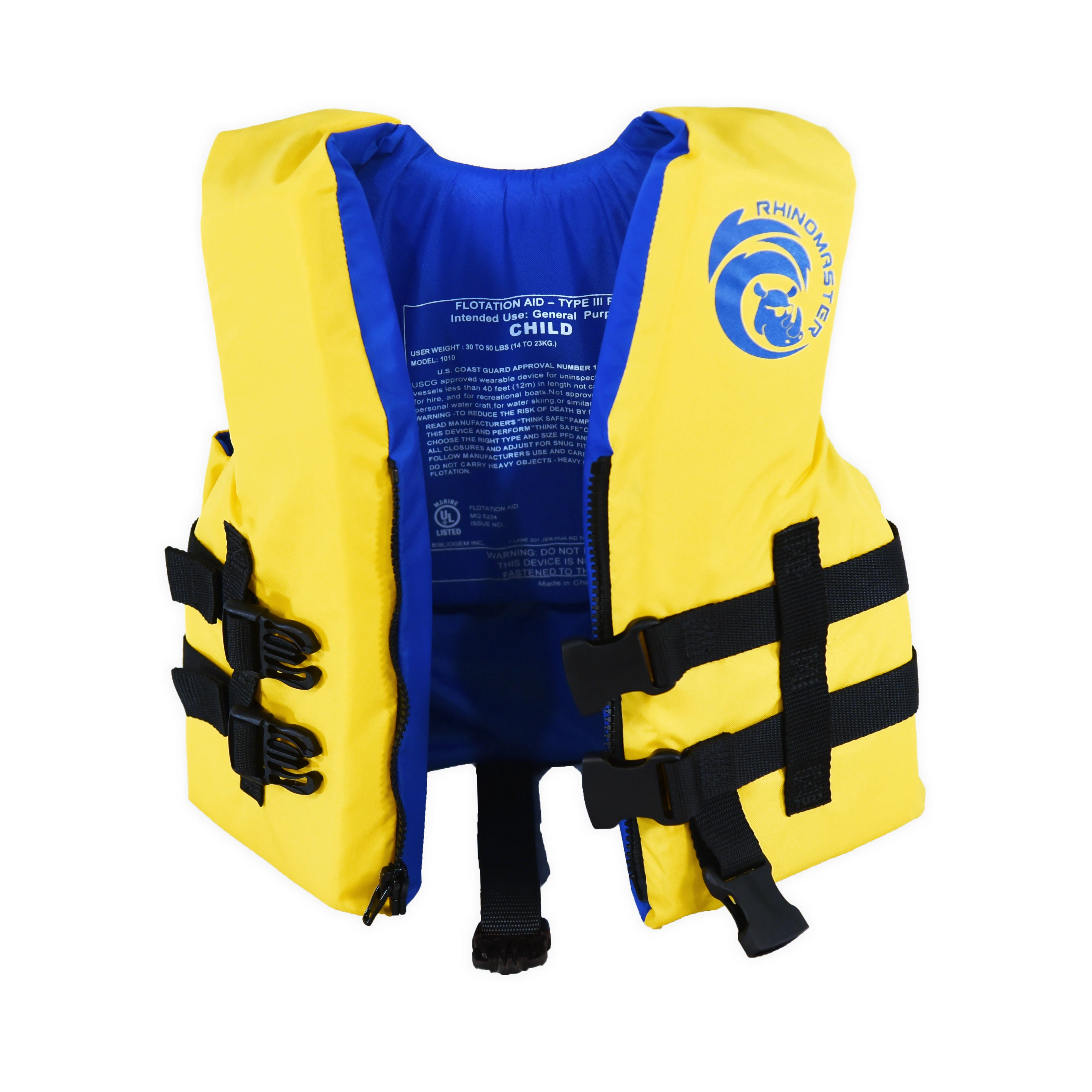 RhinoMaster Kids Life Vest for Watersports (Yellow) - Boating, Tubing, Canoeing 30 - 50-lbs - USCG Approved Type III