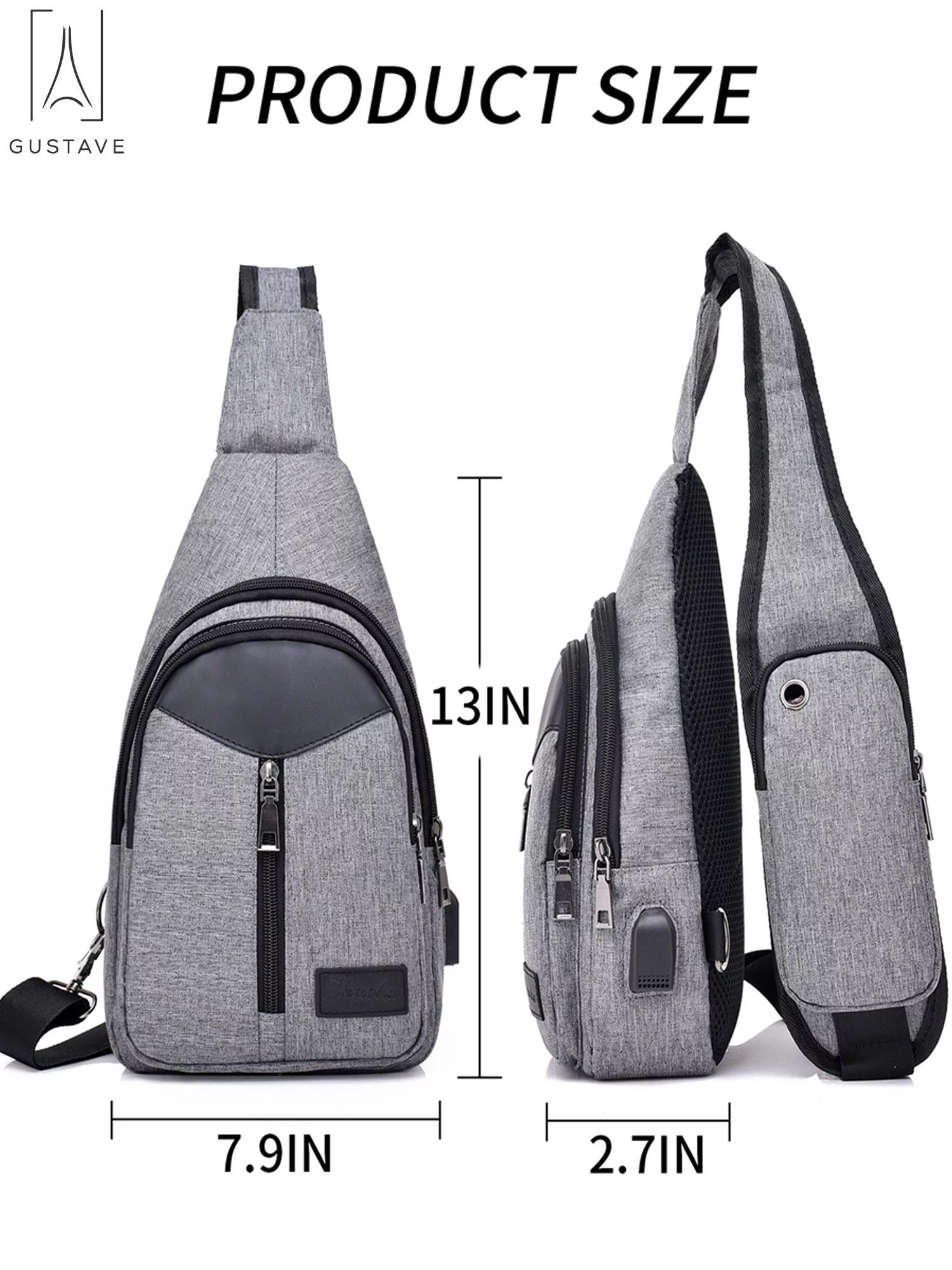 Gustave Men's Nylon Chest Sling Bag Cycle Backpack Shoulder Crossbody with USB Charge Port Travel Daypack Casual Rucksack 