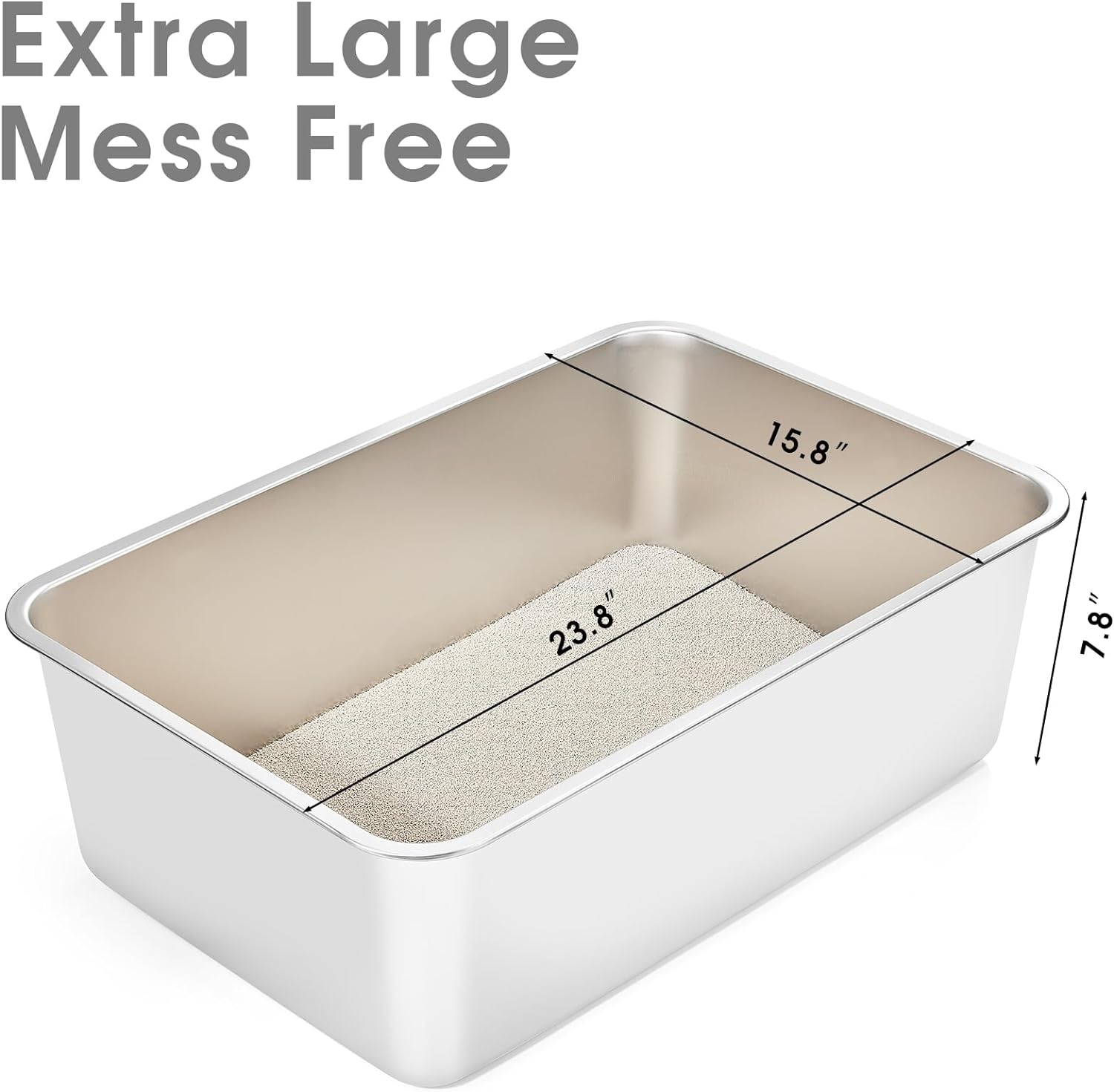 Stainless Steel Litter Box for Cat and Rabbit, Large Size with 8in High Sides and Non Slip Rubber Feet. Odor Control, Non Stick Smooth Surface, Easy to Clean, Never Bend