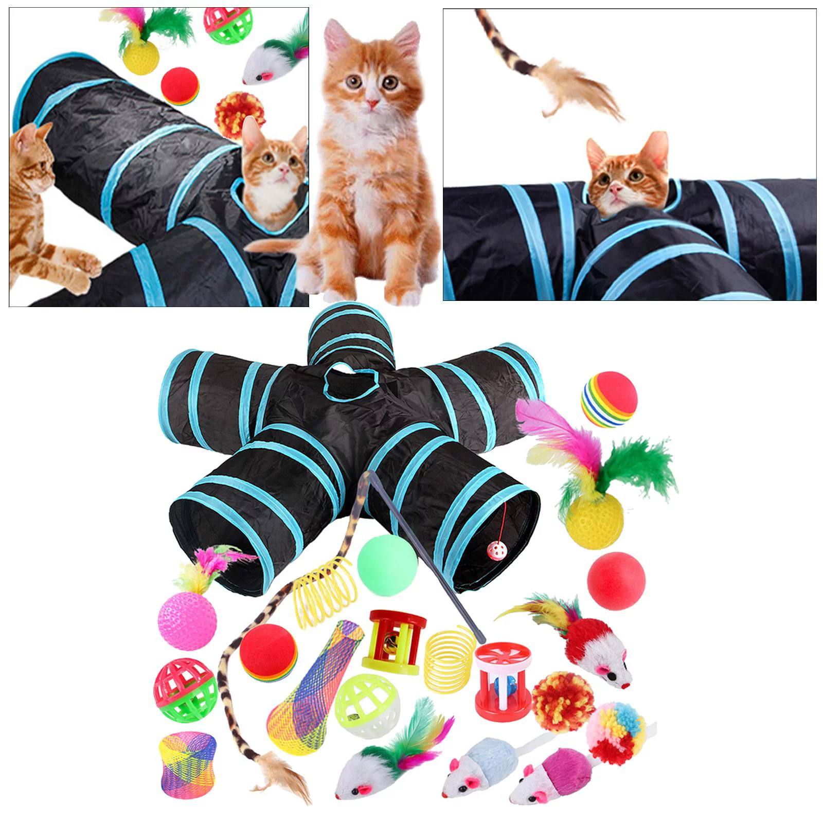 22 piece Interactive Cat Toy Sets,Collapsible Cat Tunnels for Indoor Cats, Feather Teaser Crinkle Balls Spring Toy Catnip Fish for Cats , B99504