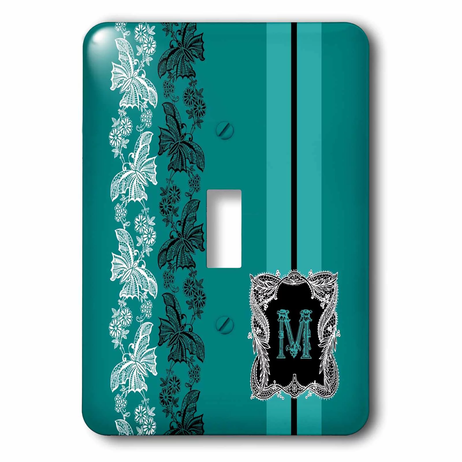 3dRose Monogram Initial M in Teal White and Black Lace - Single Toggle Switch