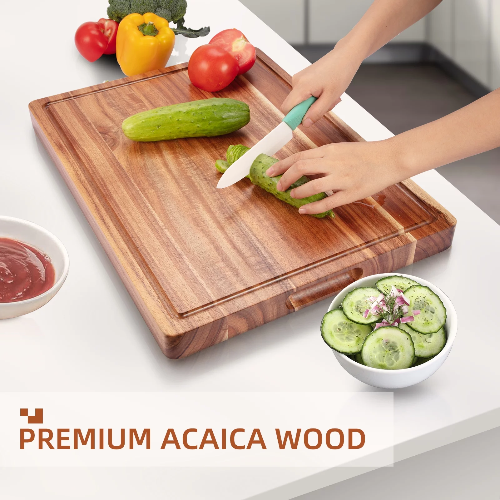Cibeat Wood Cutting Board 24x18in Kitchen Extra Large Heavy Duty Butcher Block with Juice Groove and Built-in Handles