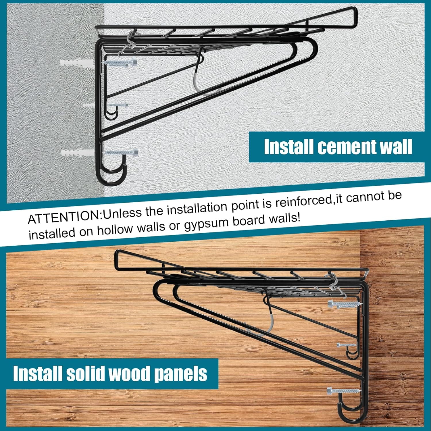 Garage Wall Shelving,2-Pack 1.5x3 ft,Includes 6 Bike Hooks,Garage Wall-Mounted Shelving,Garage Wall Shelving Heavy Duty,300 lbs Weight Capacity (Black)