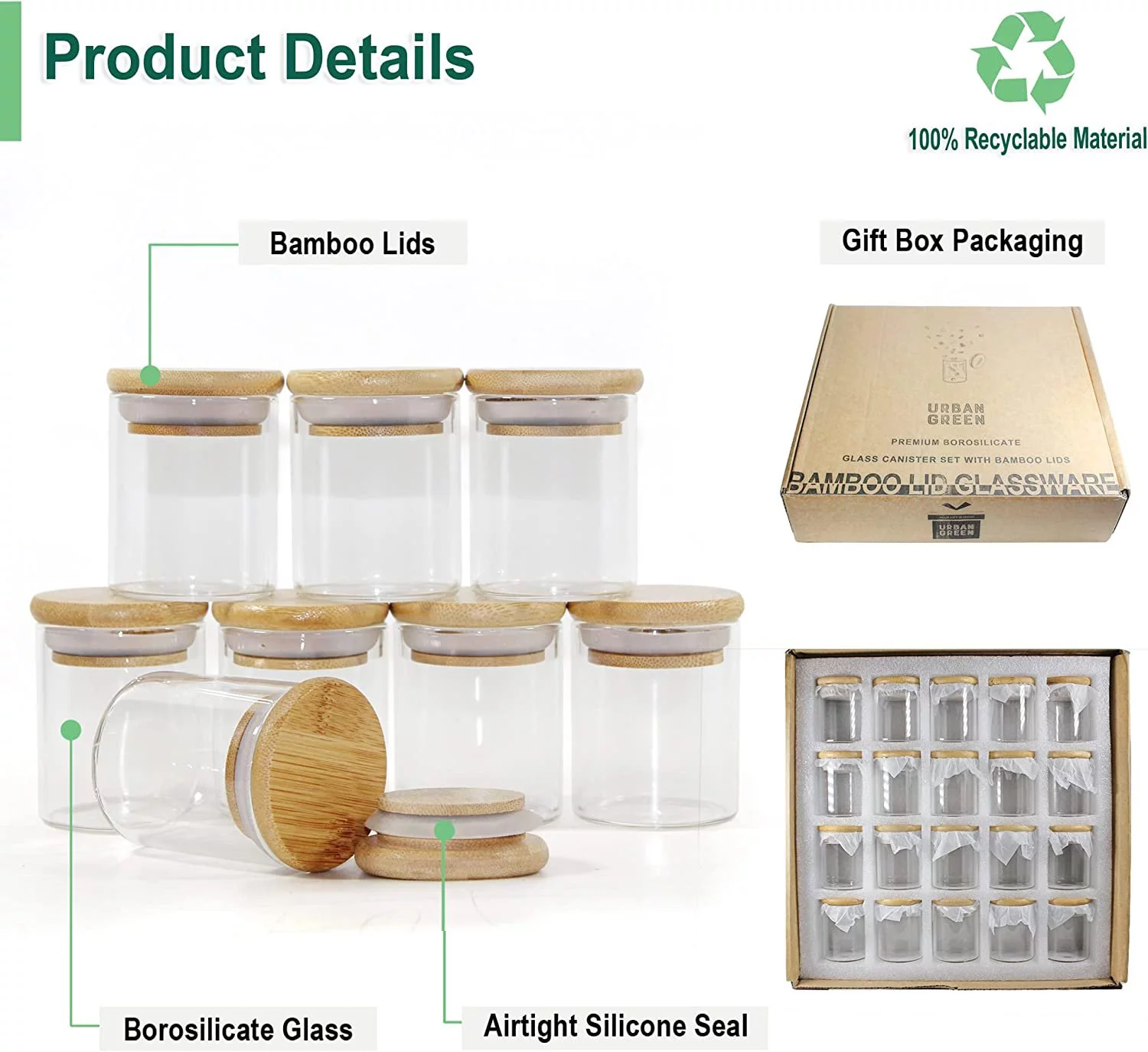 Glass Jar with Bamboo Lids Urban Green, Spice Jar Set 20pcs, Glass Spice bottles, Glass Canisters with Airtight Lids, Small Food Storage Containers for herbs, spices and dry food 20 sets of 4oz
