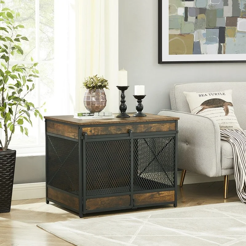 Dog Crate End Table with Cushion and Hooks, Mesh Pet Kennels Rustic Brown - 25.79''H x 31.50''W x 23.62''D