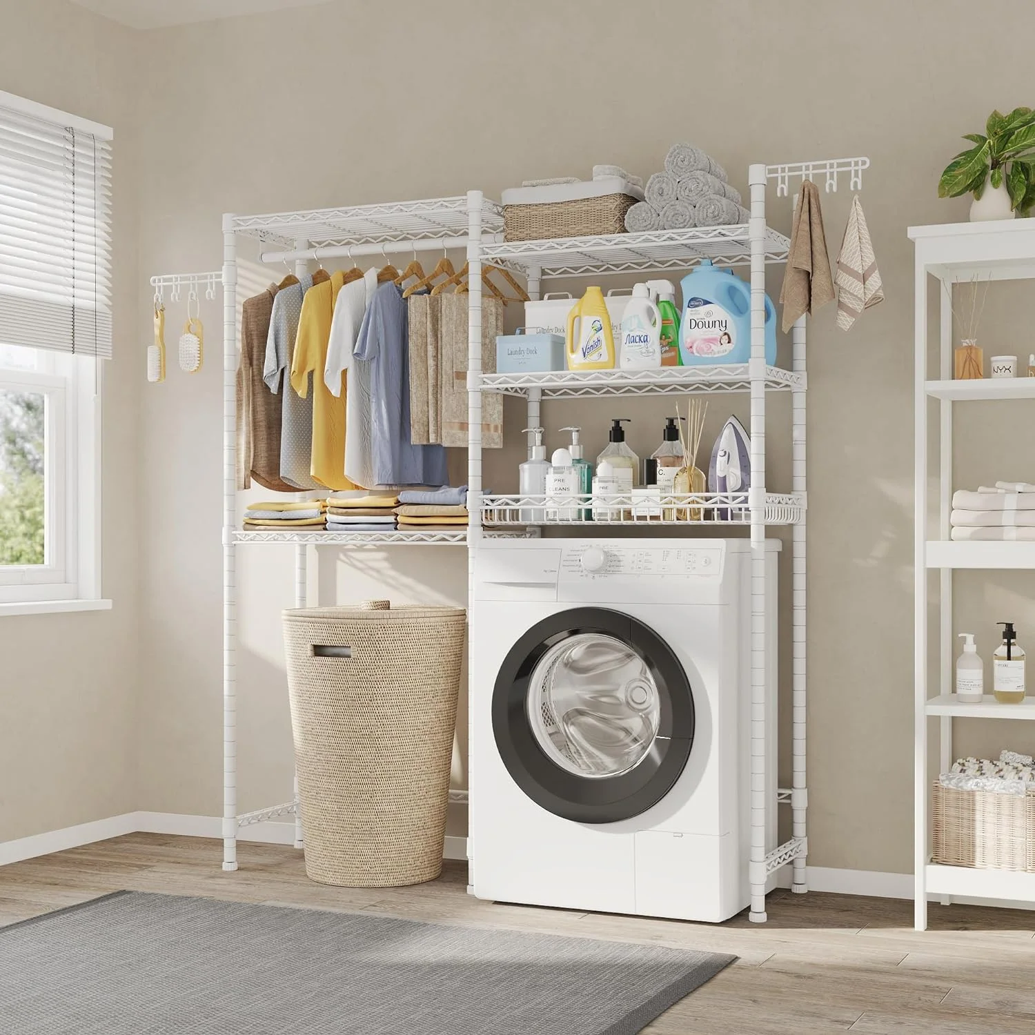 H6 Pro Over the Washer and Dryer Storage Shelf, Laundry Room Organization Storage with Adjustable Shelves & Wire Basket, Over Washer Storage With Clothes Drying Rack and Hook, Large Size,White