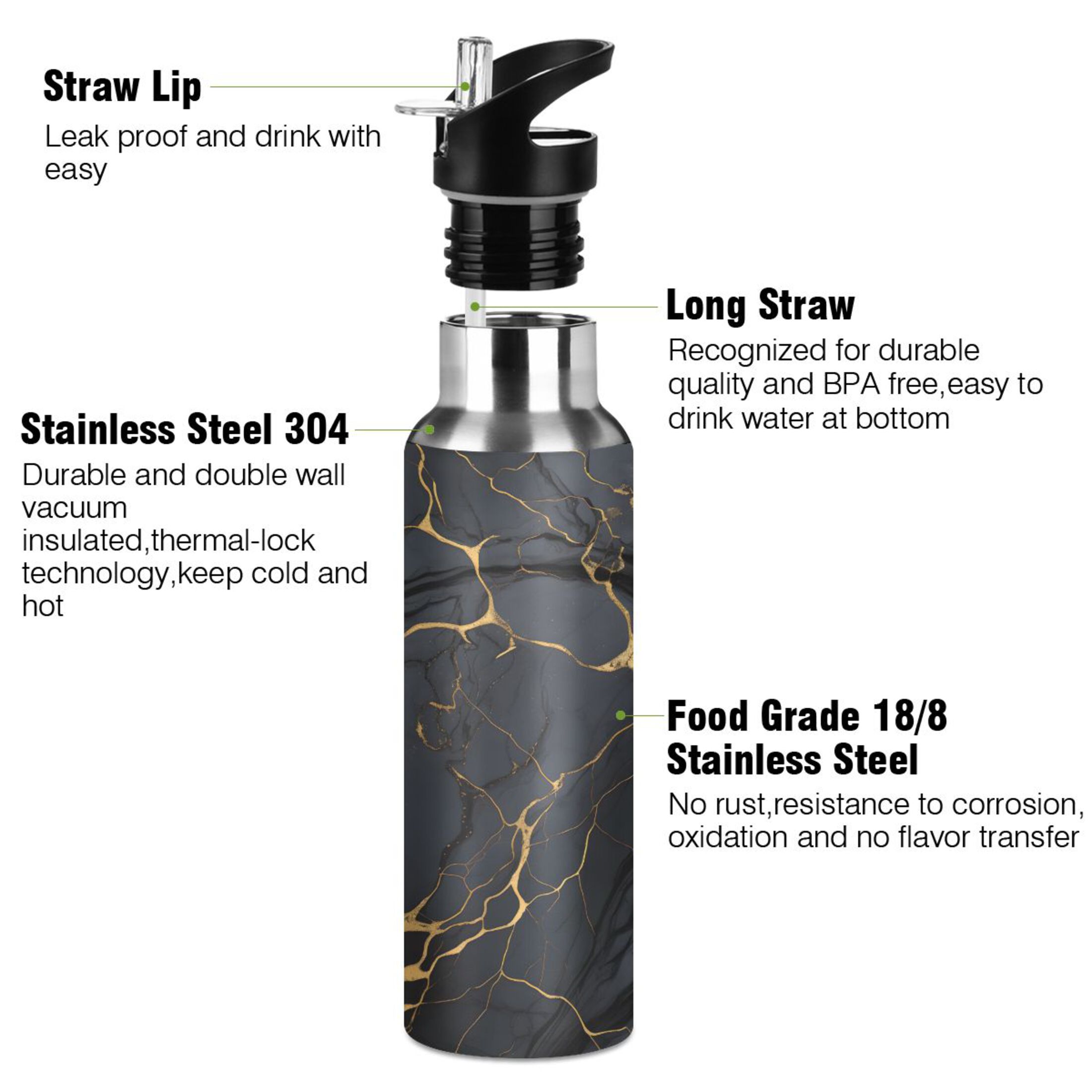 Water Bottle with Straw Lid Leak Black and Golden Marble Stainless Steel Insulated Thermos Vacuum Flask for Cold Hot Drinking for Sports Camping Gym Yoga