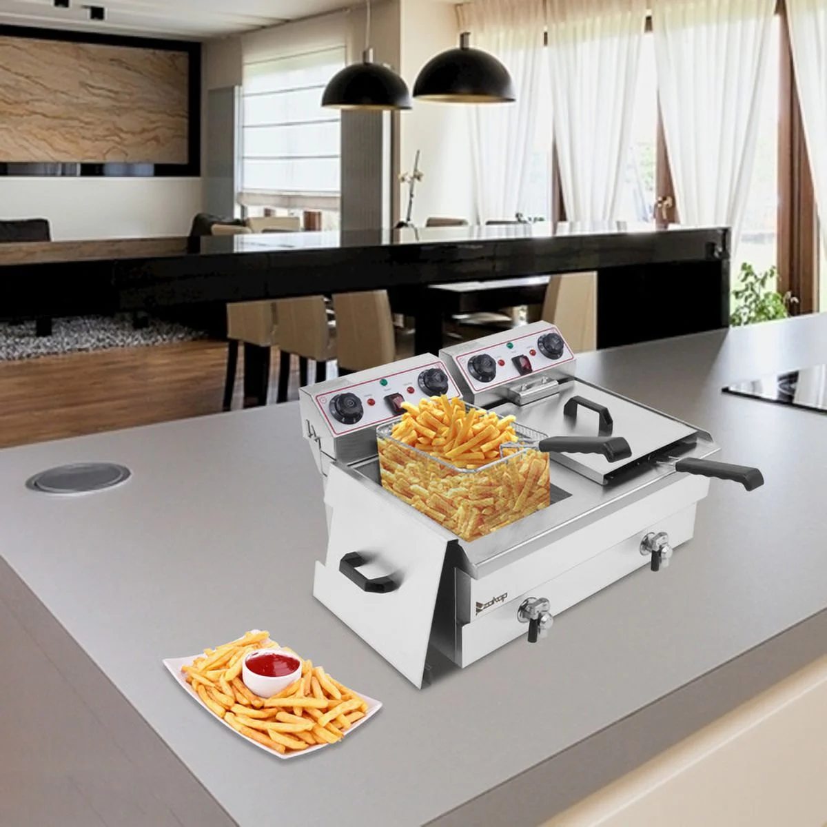 SYTHERS Double Tank Deep Fryer 16.9Qt/16L Total Capacity 24.9Qt/23.6L Stainless Steel Faucet Double Tank Deep Fryer 3400W Max (8L 8L Big Blue/Large Handle)