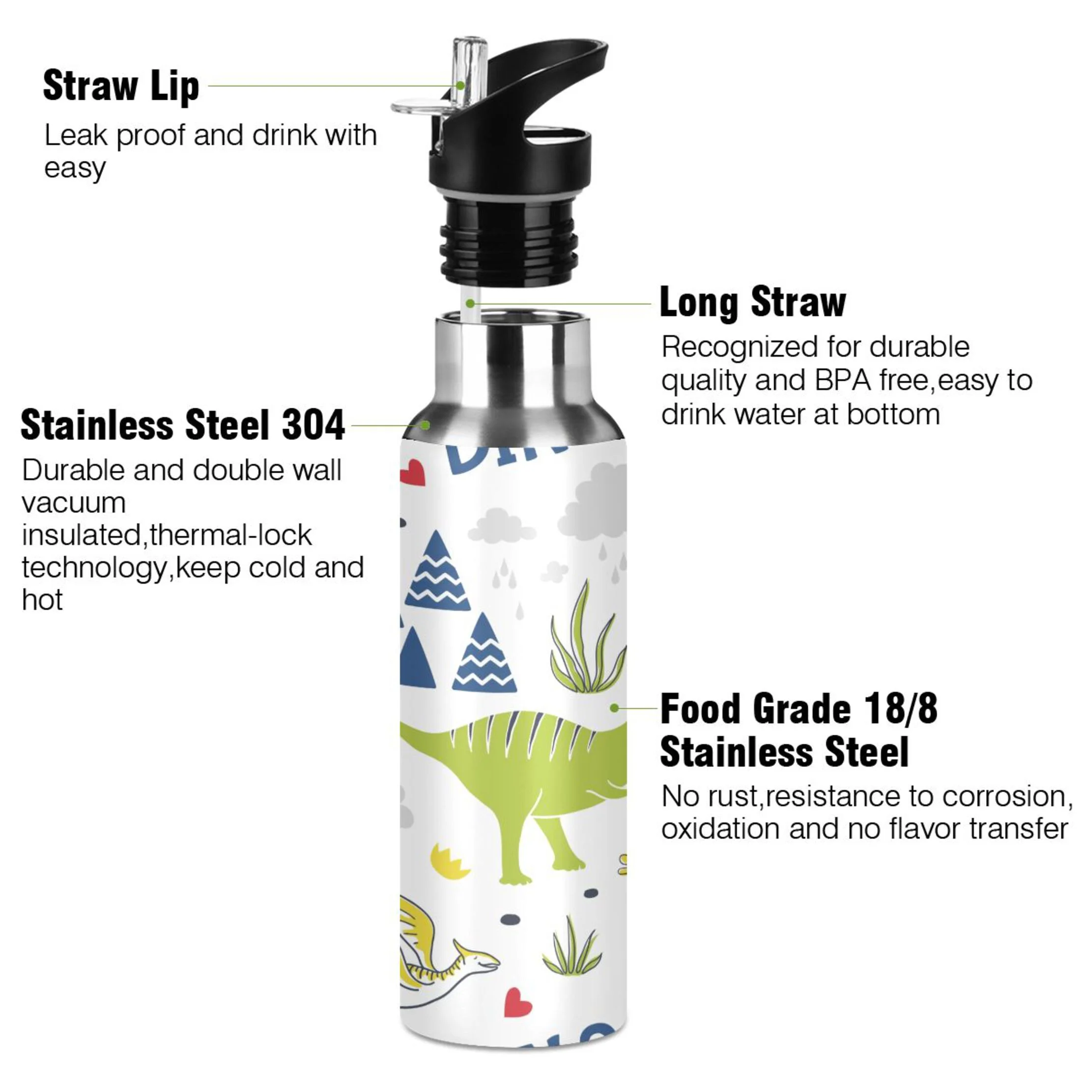 Stainless Steel Water Bottle Doodle Dinosaur Pattern with Straw Lid Vacuum Insulated Keeps Hot and Cold Leak Proof Flask Jug for Gym Travel Sports Cycling Outdoor 20 OZ