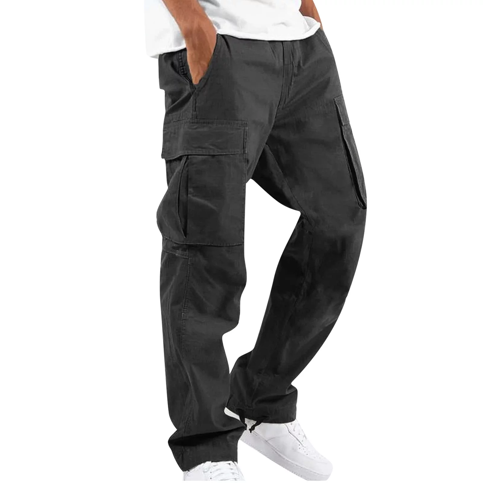 Mens Military Drawstring Pockets Cargo Trousers Elastic Waisted Relaxed Fit Pant