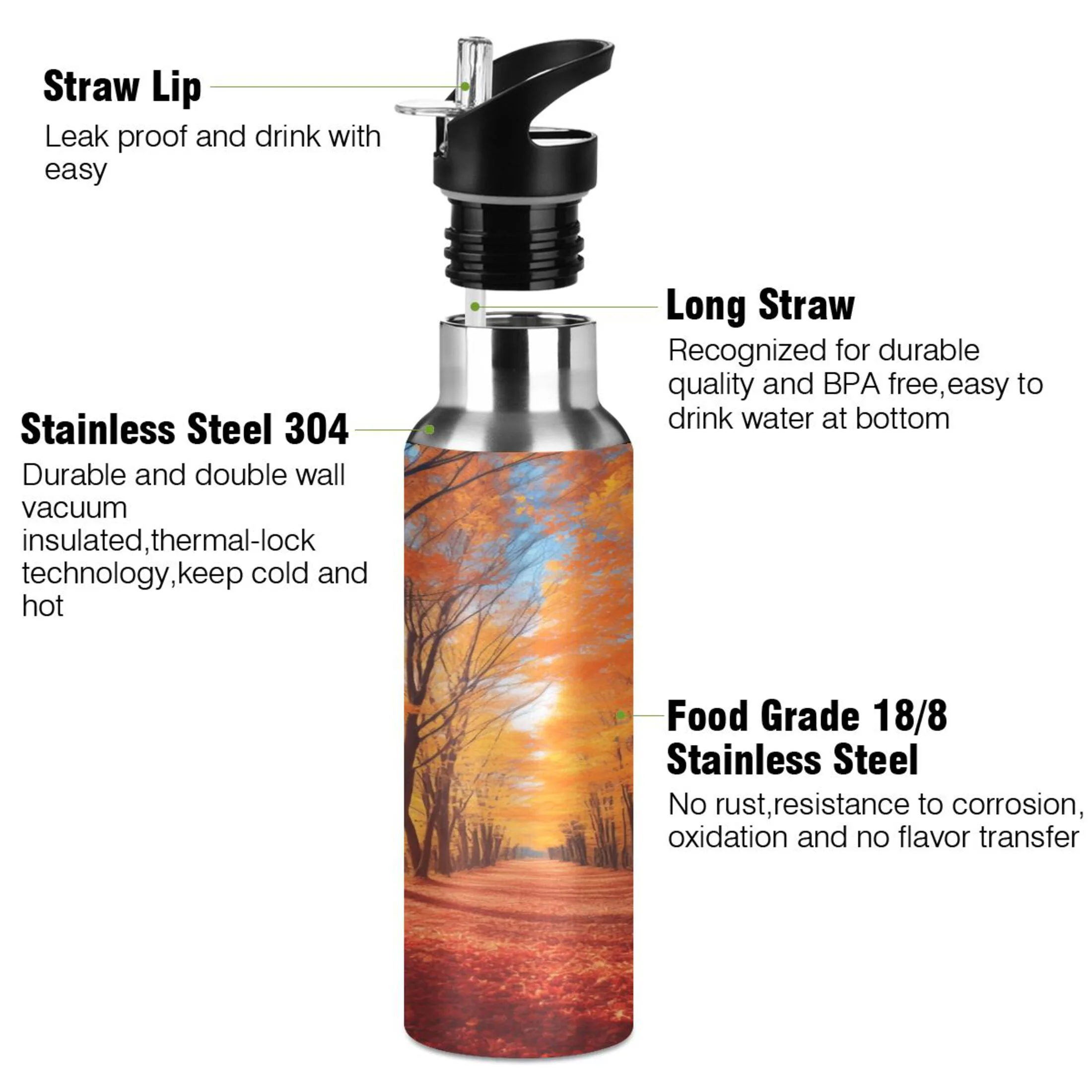 Water Bottle with Straw Lid Leak Autumn Forest Stainless Steel Insulated Thermos Vacuum Flask for Cold Hot Drinking for Sports Camping Gym Yoga