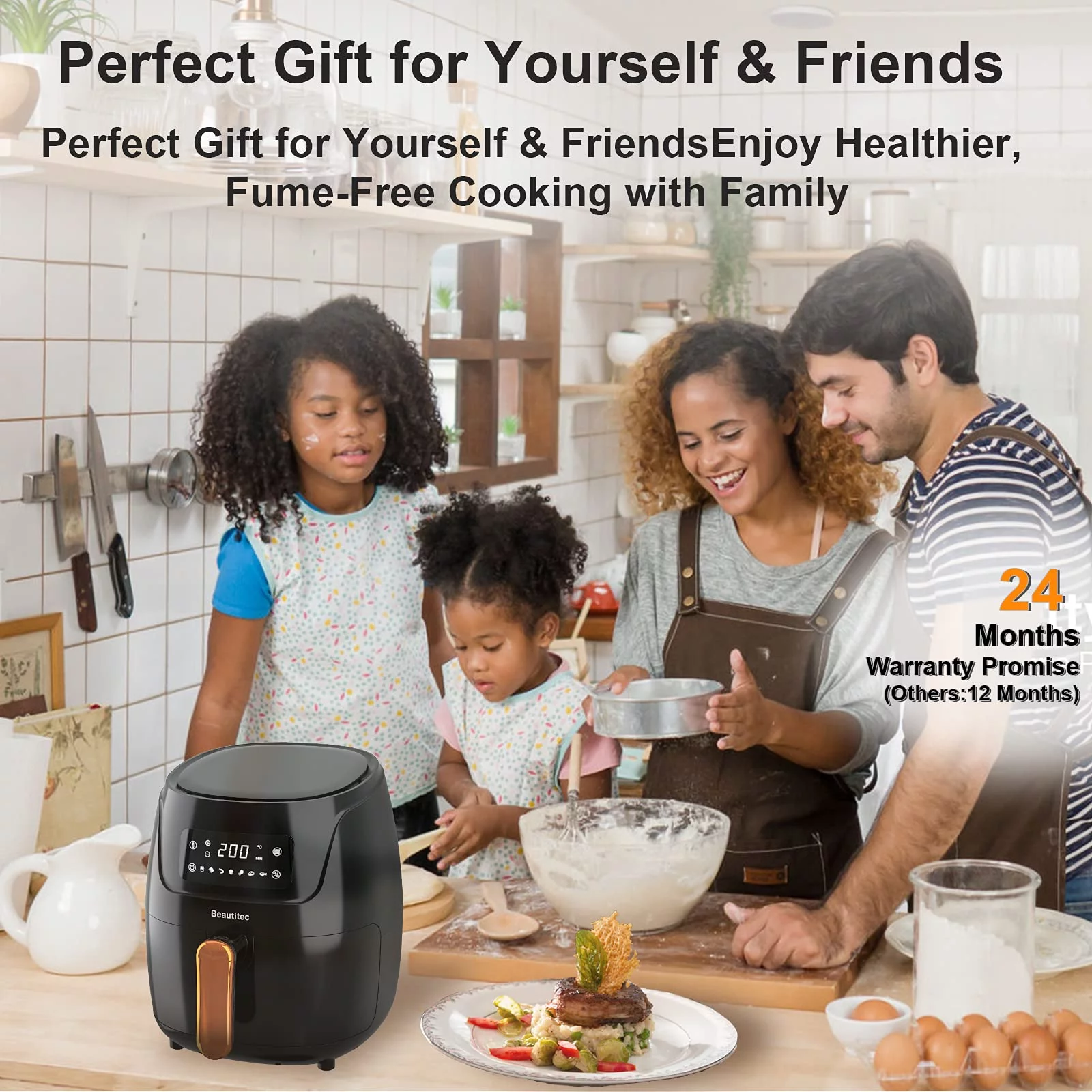 Beautitec 5.3 Quart Compact Air Fryer, Non-Stick, 1650W, LED Touch Screen, Easy to Clean, Black