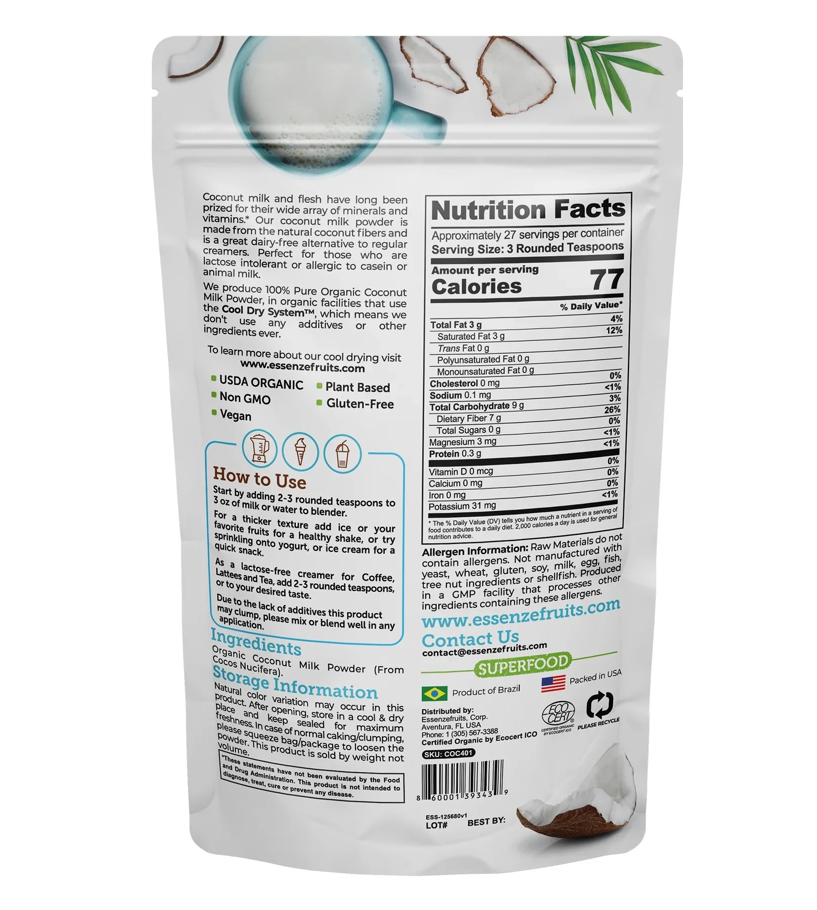 Pure Coconut Milk Powder - USDA Organic, No Sugar Added, Dairy-Free, Vegan, Keto & Paleo Friendly (8 Oz - 226Gr)