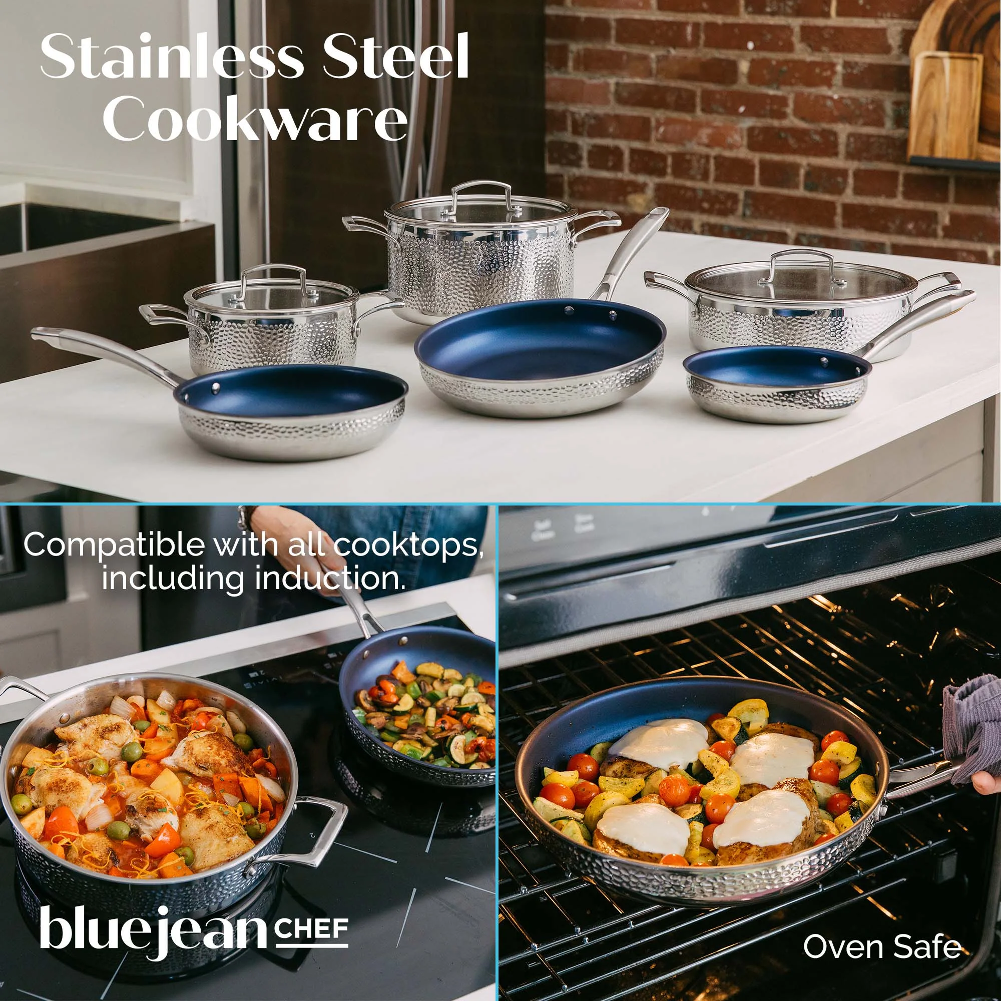 Blue Jean Chef 9-Piece Stainless Steel Cookware Set, Hammered Finish, Tri-Ply Construction Clad Cookware, Nonstick; Induction, Oven & Dishwasher Safe