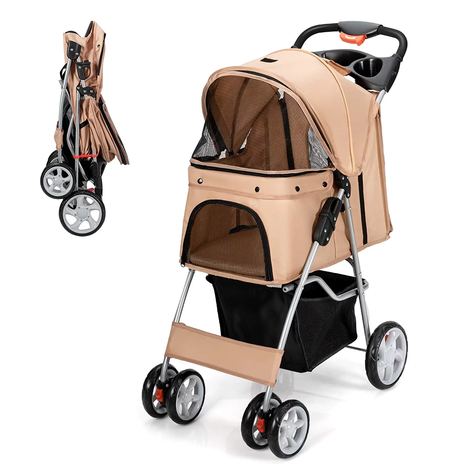 Folding Dog Stroller, Pet Stroller for Small Medium Dogs Cats Puppy, 4 Lockable Wheels Cat Stroller Travel Carrier Strolling Cart with Safety Belt, Removable Liner and Storage Basket (Beige)