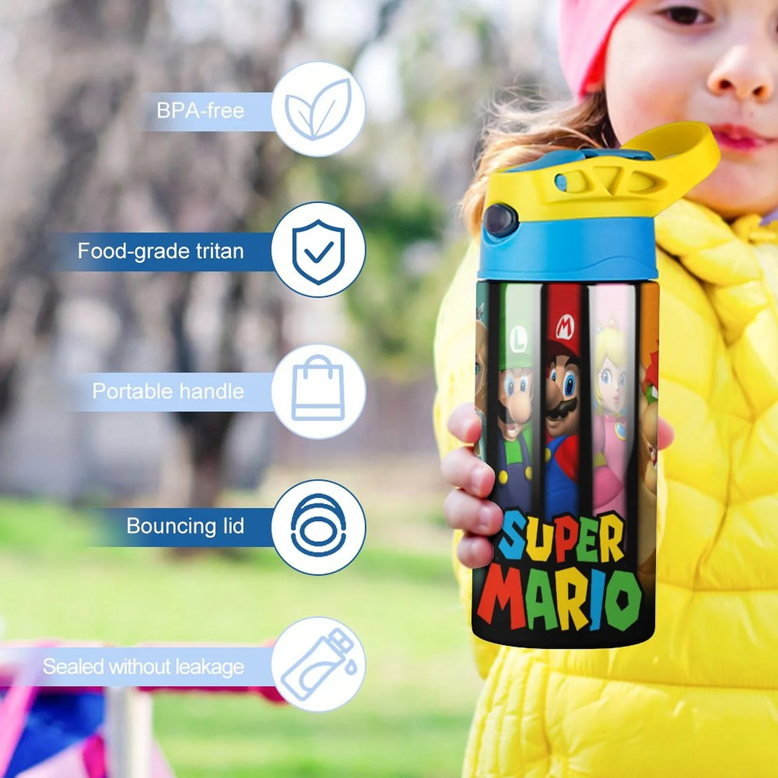 Super Mario Logo Kid's Insulated Water Bottle With Straw Vacuum Stainless Steel Cup Leak-Proof Children Toddler Thermoses