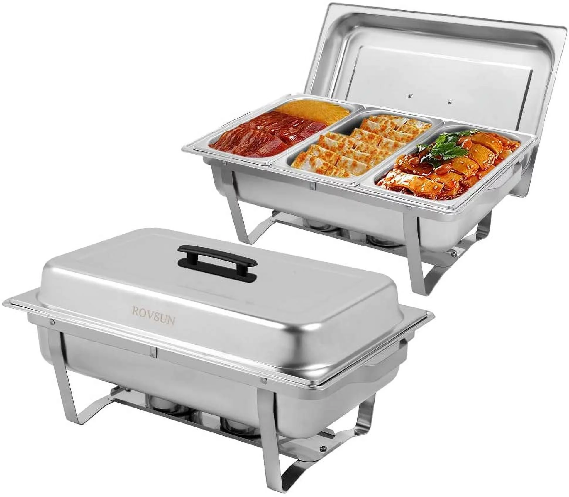 ROVSUN 2 Packs Stainless Steel Chafing Dishes Buffet Set with 3 1/3 Size Food Pans, Foldable Frame, 8 Quart Rectangular Catering Chafer Set