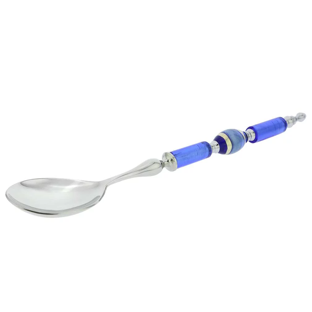 GlassOfVenice Italian Murano Glass Salad Spoon - Silver Blue Stripes