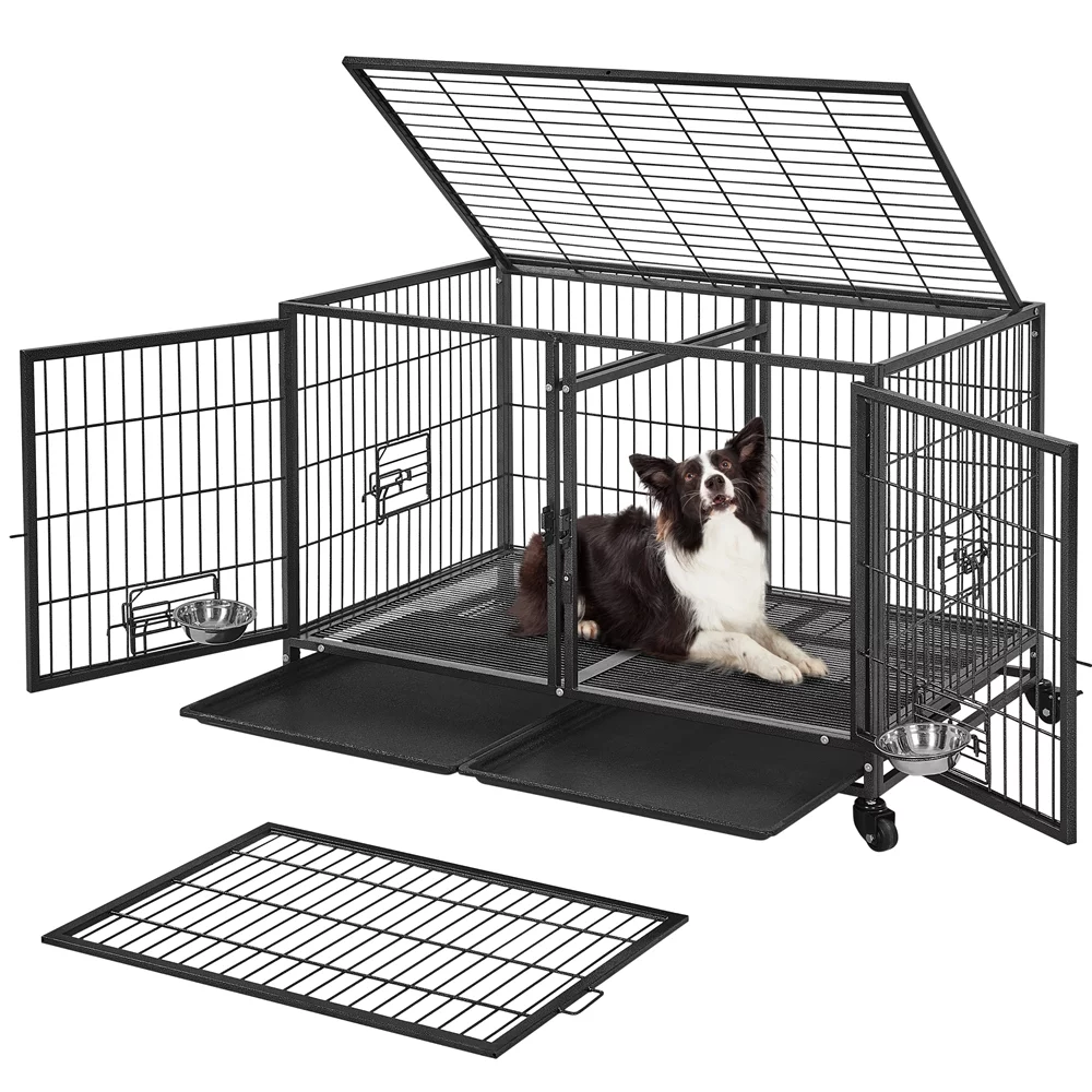 Yaheetech 42.5'' W Rolling Dog Crate W/ Removable Divider, Black
