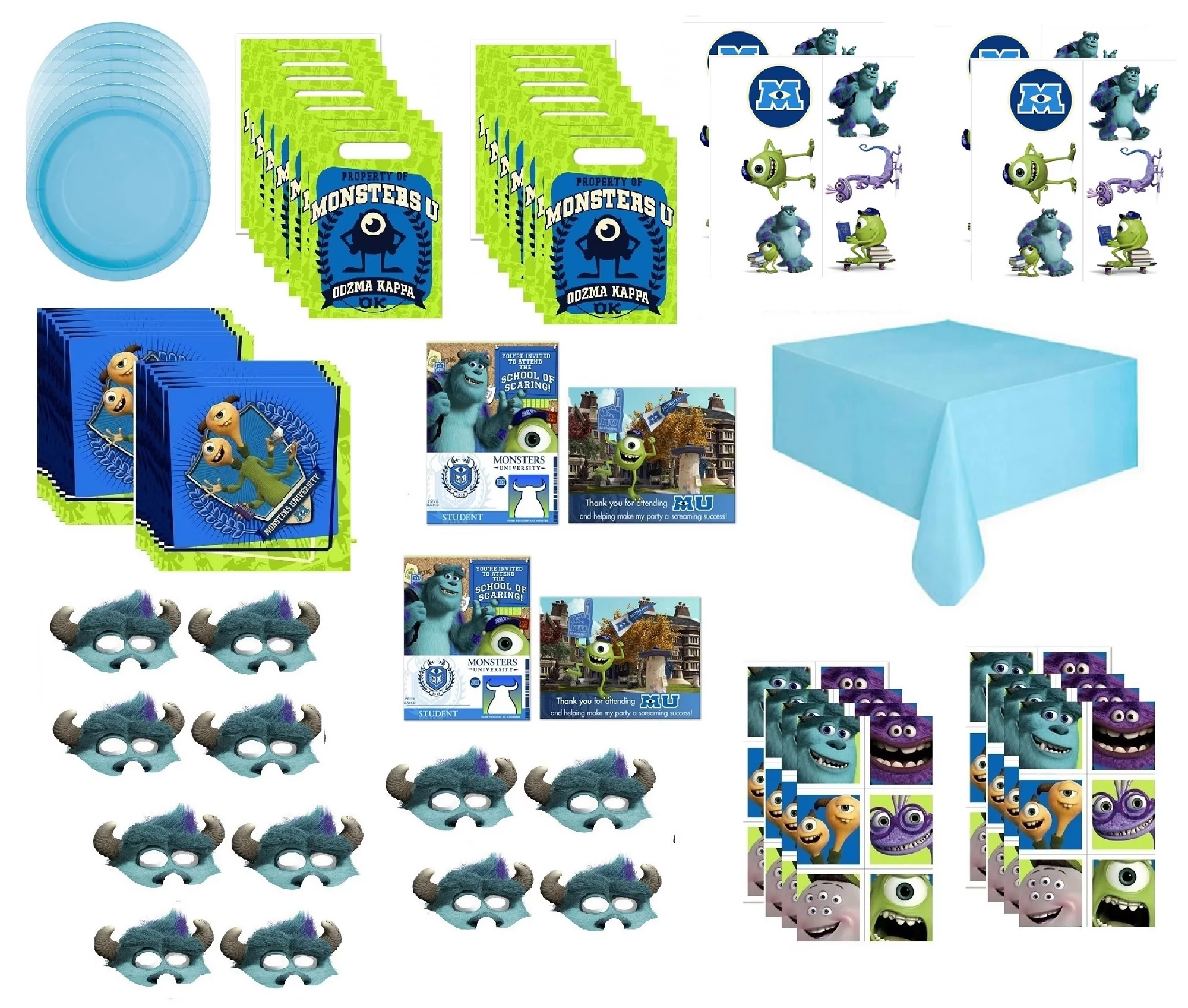 Monsters University Birthday Party Supplies Bundle Pack for 16 includes Plates, Napkins, Table Cover, Paper Mask, Loot Bags, Invitations, Thank You Notes, Stickers, Tattoos